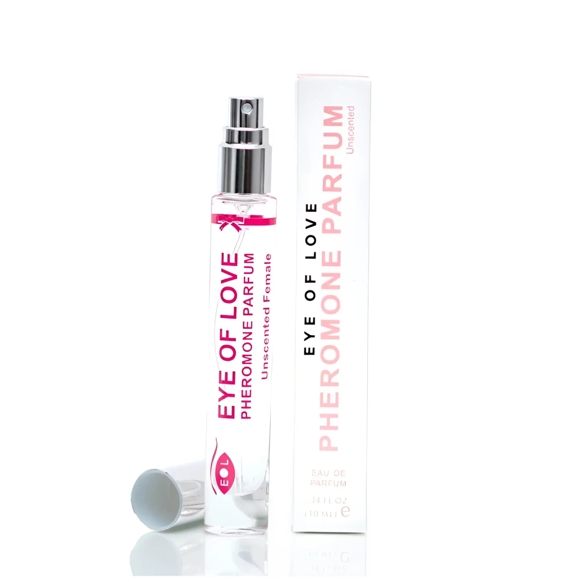 A clear glass spray bottle with silver cap and pink label containing eye of love pheromone unscented body spray 10ml by eol