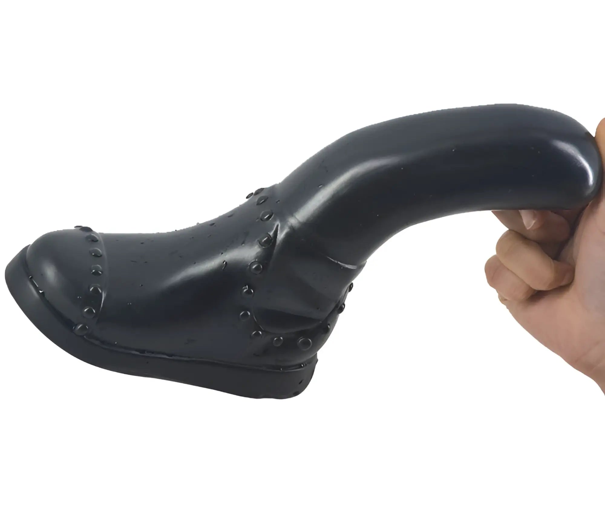 Black glossy FAAK boot dildo with studded detailing designed for intimate use