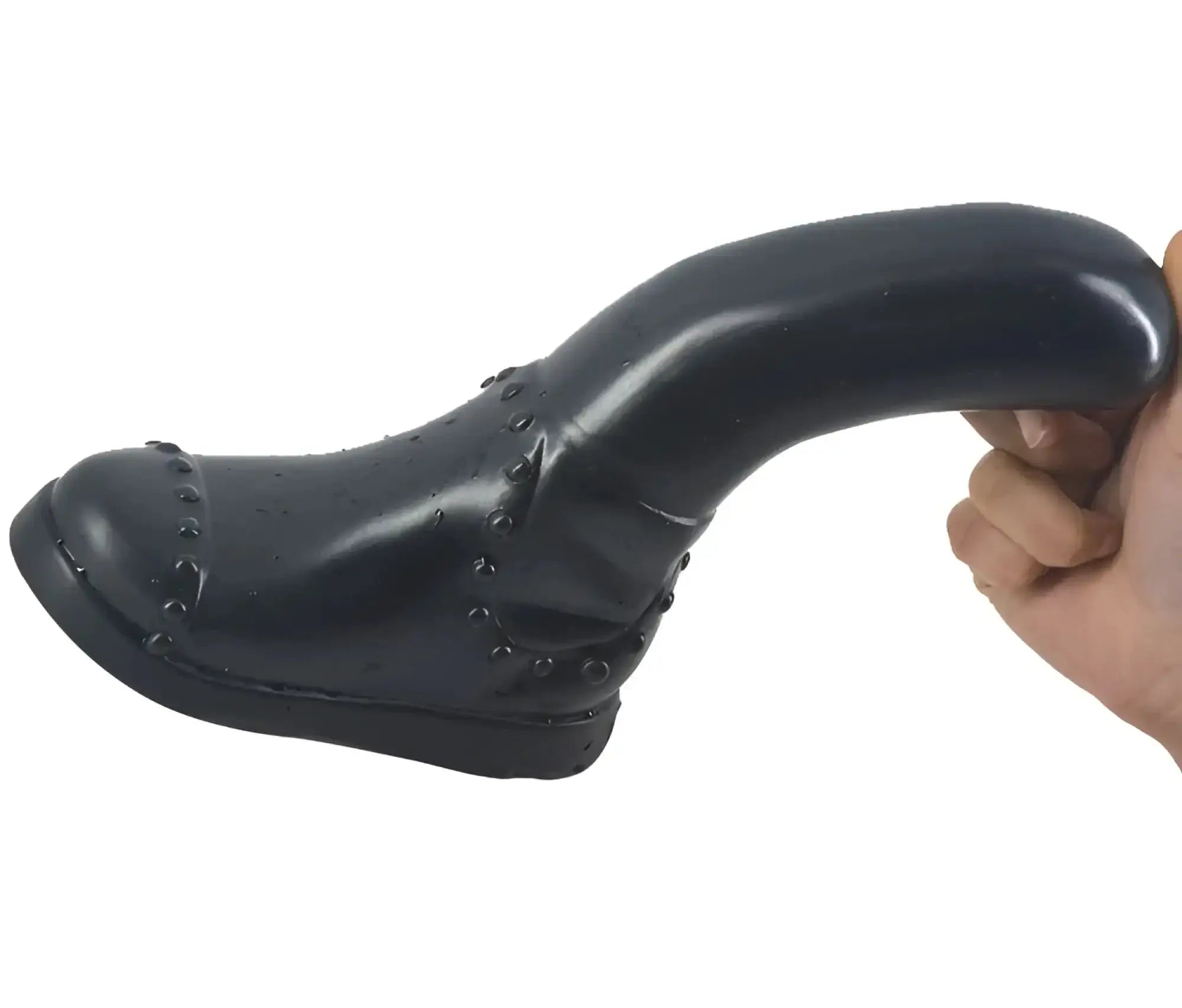 Black glossy FAAK boot dildo with studded detailing designed for intimate use