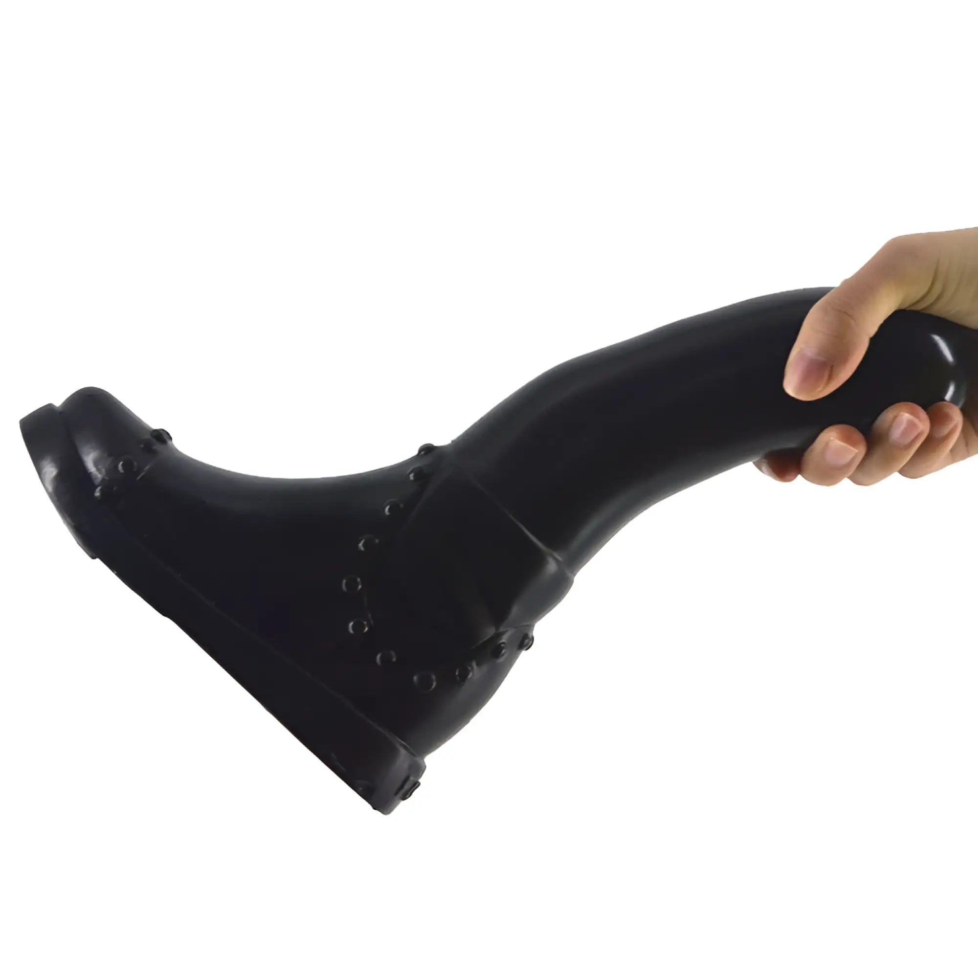Black boot-shaped dildo by FAAK with studded detailing designed for bold and stylish intimate use