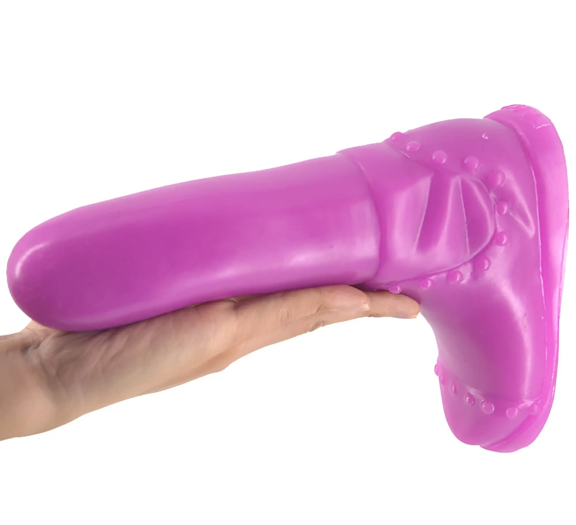 A vibrant purple faak boot dildo made of glossy plastic with decorative stitching and button details