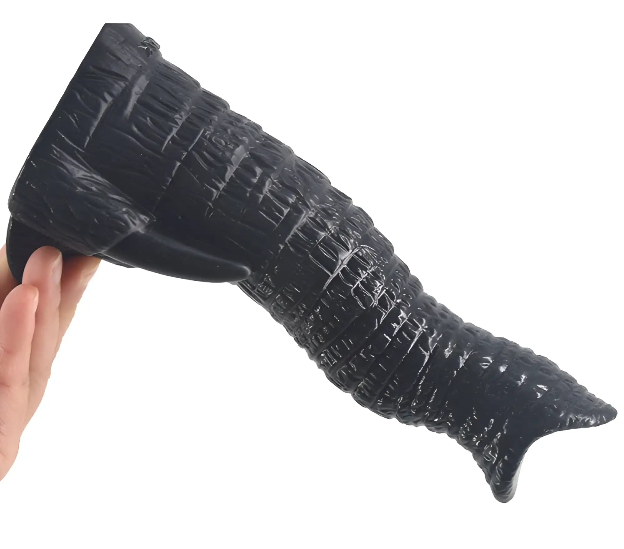 Black plastic alligator-shaped dildo with textured crocodile-skin surface from FAAK Elephant dildo black collection