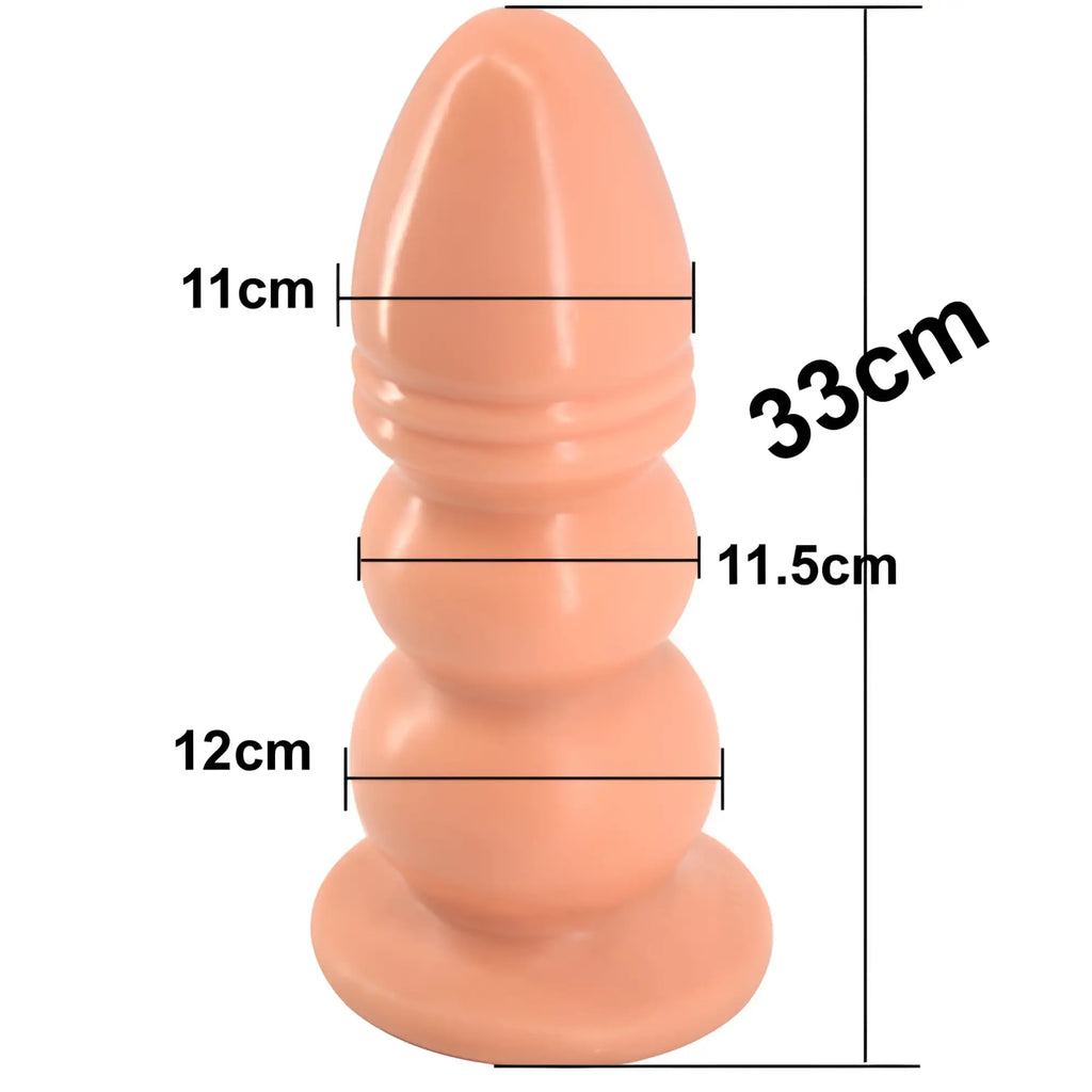 Peach-colored glossy silicone anal plug with three rounded segments and flared base from FAAK Huge Anal Plug Flesh product