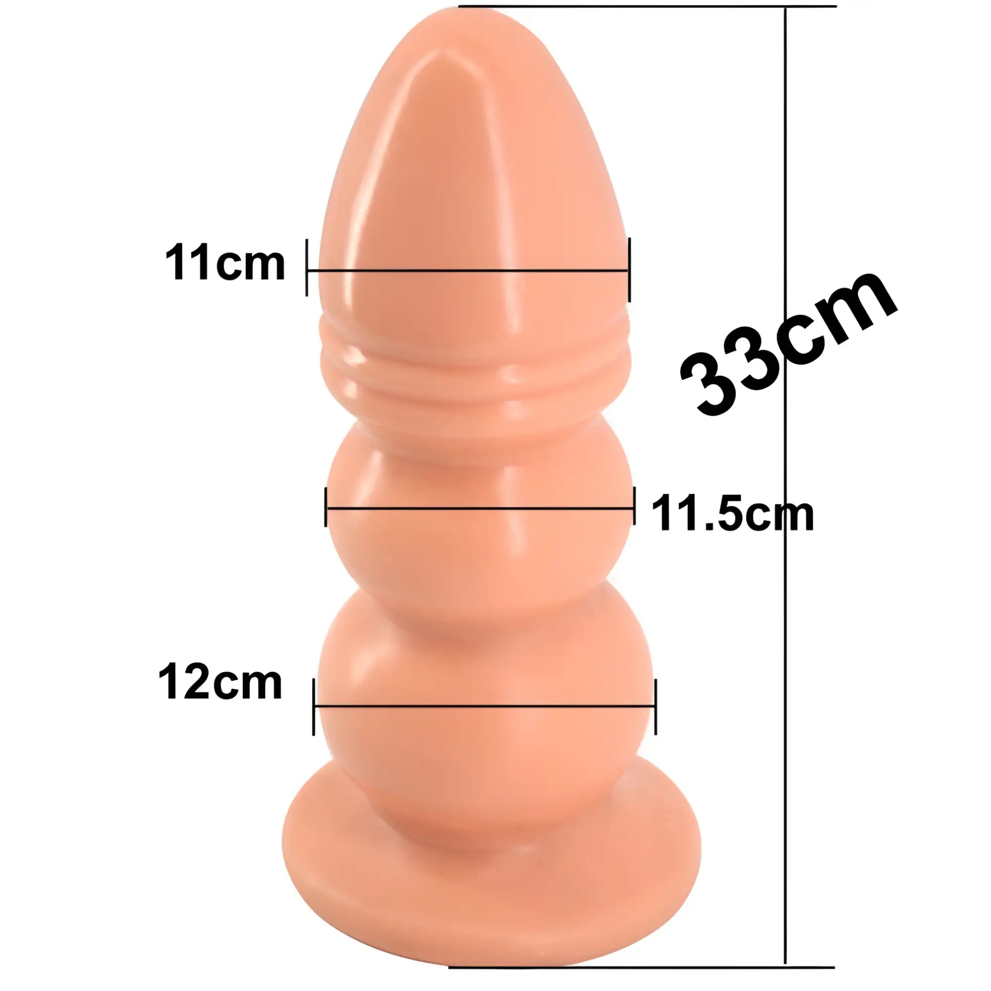 Peach-colored glossy silicone anal plug with three rounded segments and flared base from FAAK Huge Anal Plug Flesh product
