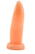 Orange silicone faa tongue shape anal plug with tapered finger like shape and flat base shown from back side