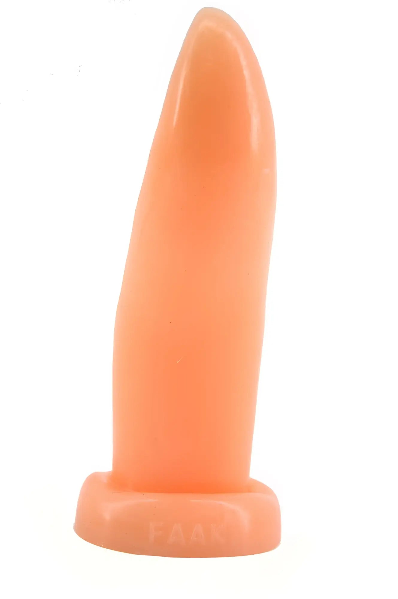 Orange silicone faa tongue shape anal plug with tapered finger like shape and flat base shown from back side