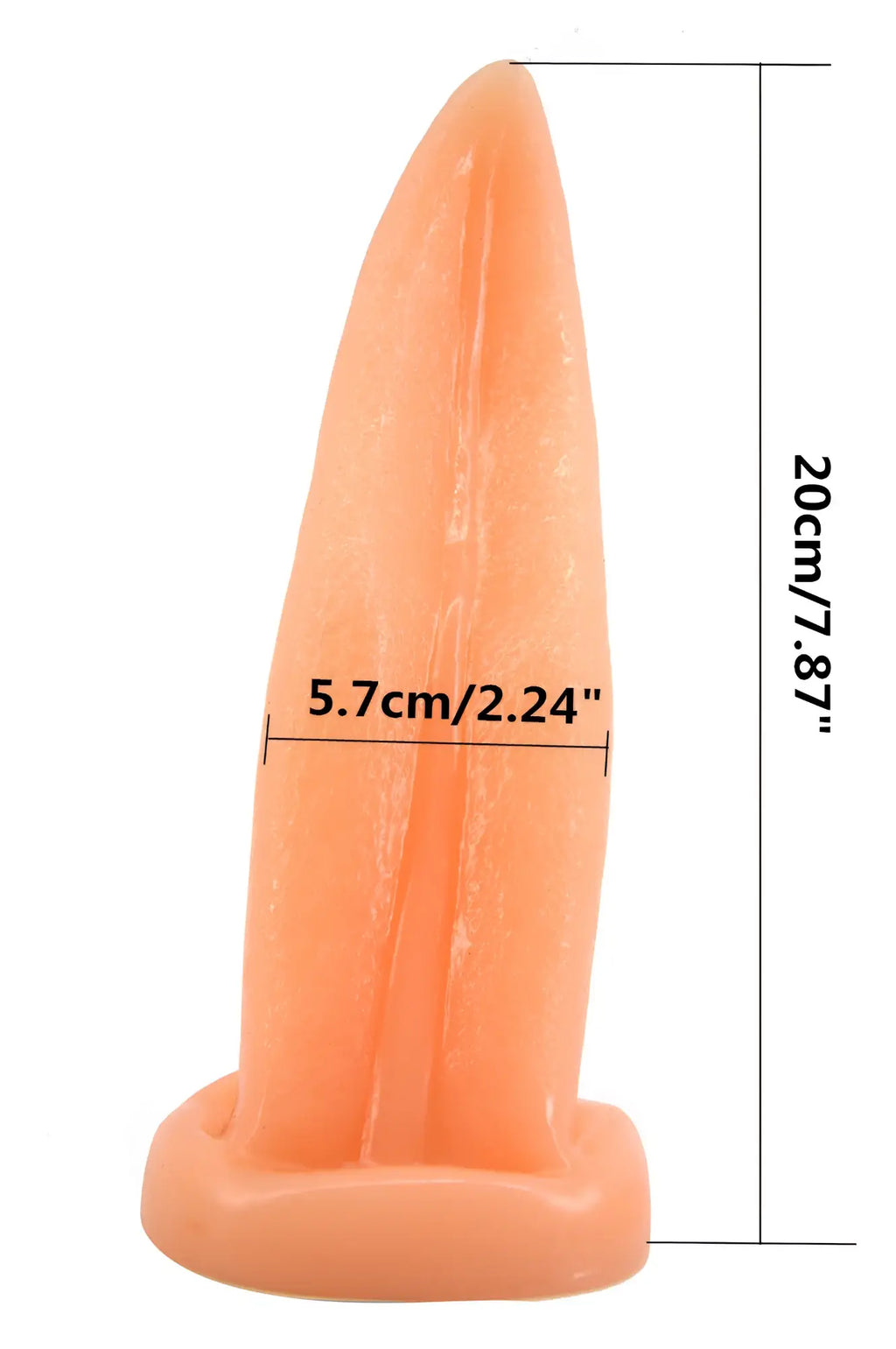 Peach-colored silicone FAAK tongue shape anal plug with tapered pointed tip and textured surface for comfortable use
