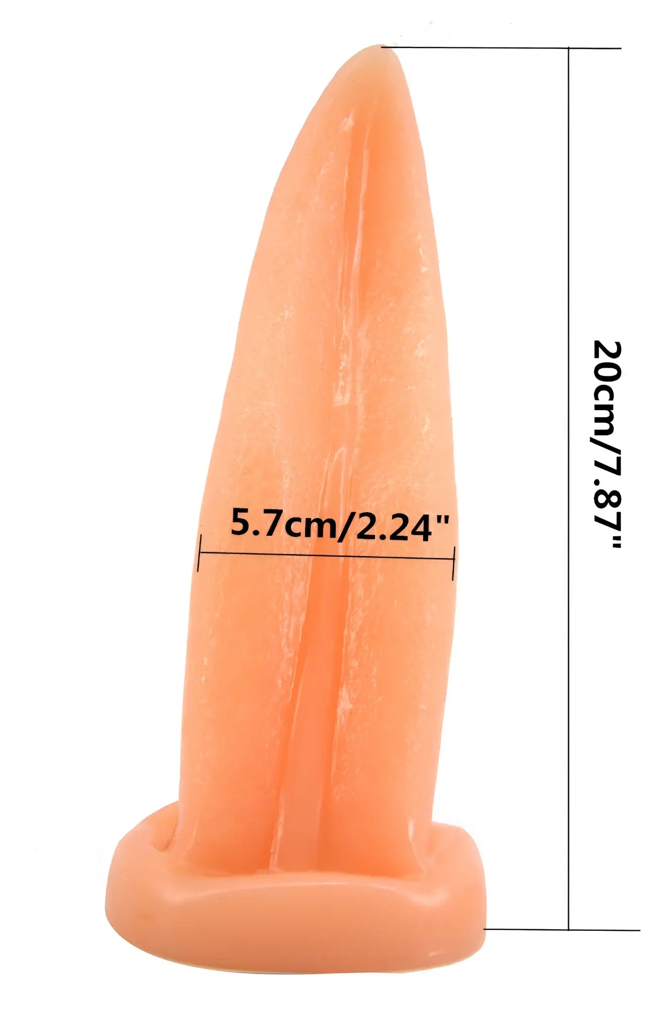 Peach-colored silicone FAAK tongue shape anal plug with tapered pointed tip and textured surface for comfortable use