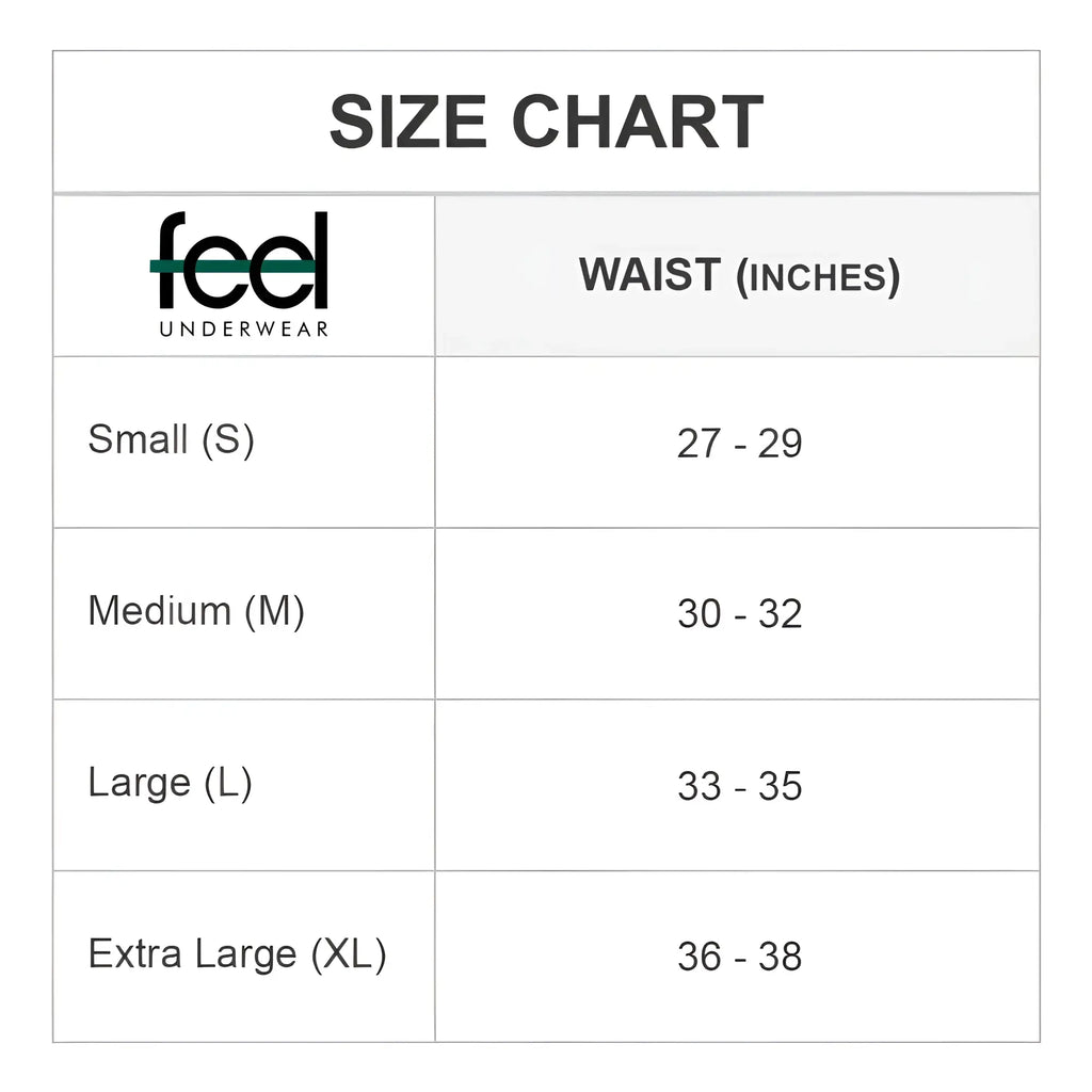 Feel feg018 boxer brief underwear size chart showing waist measurements for small medium large and extra large sizes