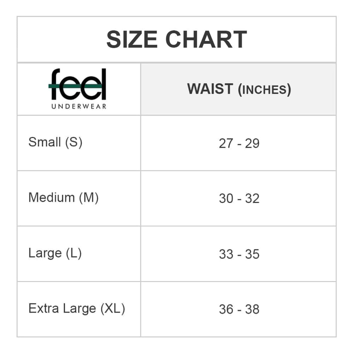 Feel feg024 boxer trunk size chart showing waist measurements for small medium large and extra large underwear sizes