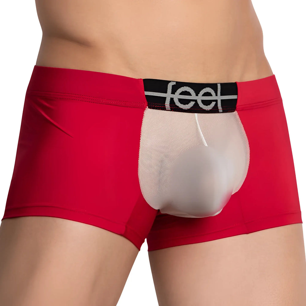 Red menâ€™s feel feg029 boxer trunk with transparent mesh panel and black waistband featuring feel logo