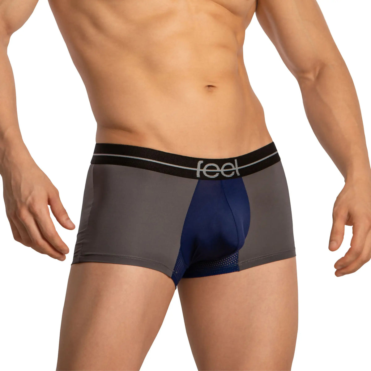 Gray and navy blue Feel FEG030 boxer trunk with black waistband featuring feel logo for comfortable everyday wear