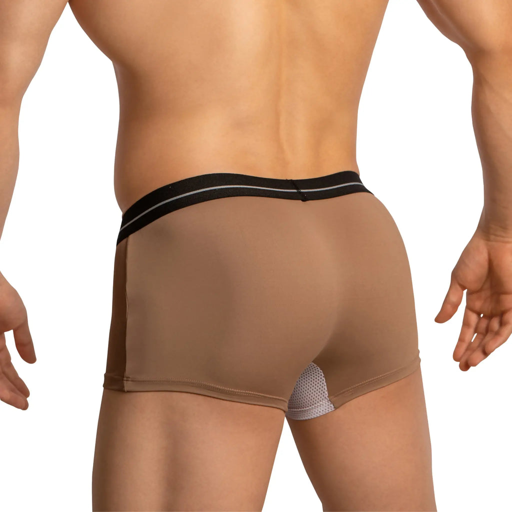 Back view of feel feg030 boxer trunk tan mesh briefs with black waistband white stripes and gray perforated panel