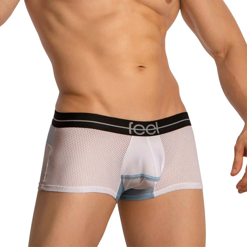 Feel feg031 boxer trunk white mesh boxer briefs with black waistband and light blue trim at leg openings