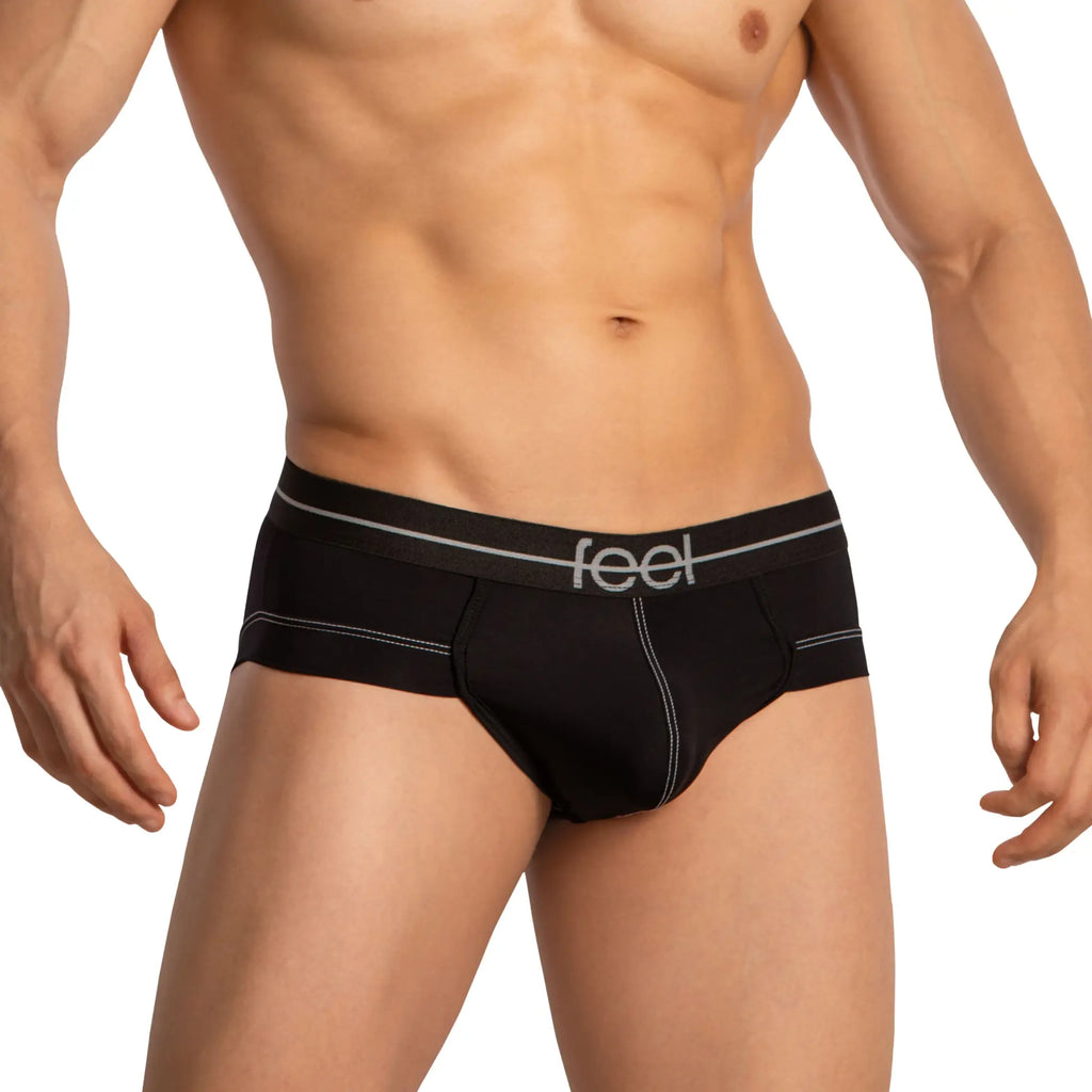 Black menâ€™s briefs with white stitching and a gray feel logo on the waistband from Feel FEG032 Boxer collection