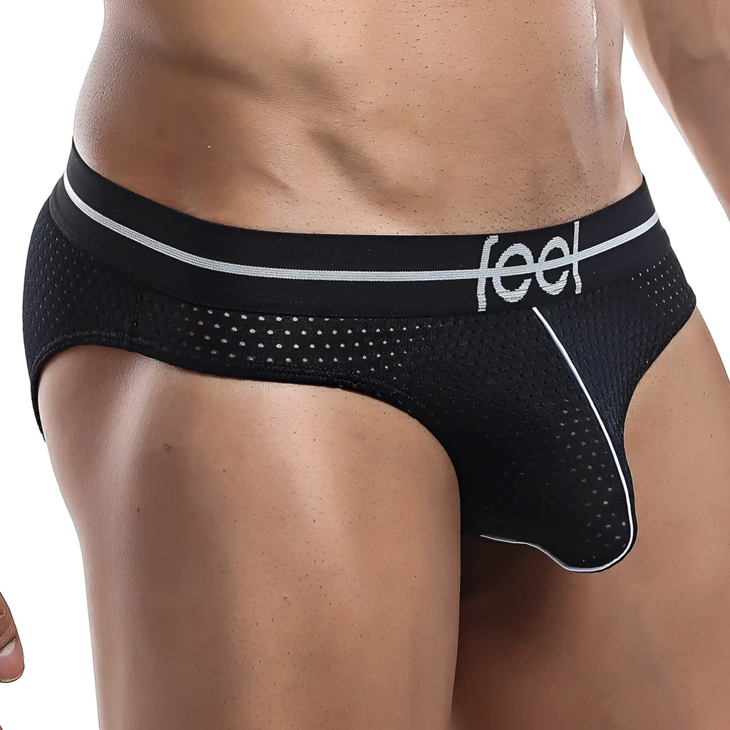 Black mesh briefs with white trim and feel logo waistband from feel FEI002 bikini brief collection