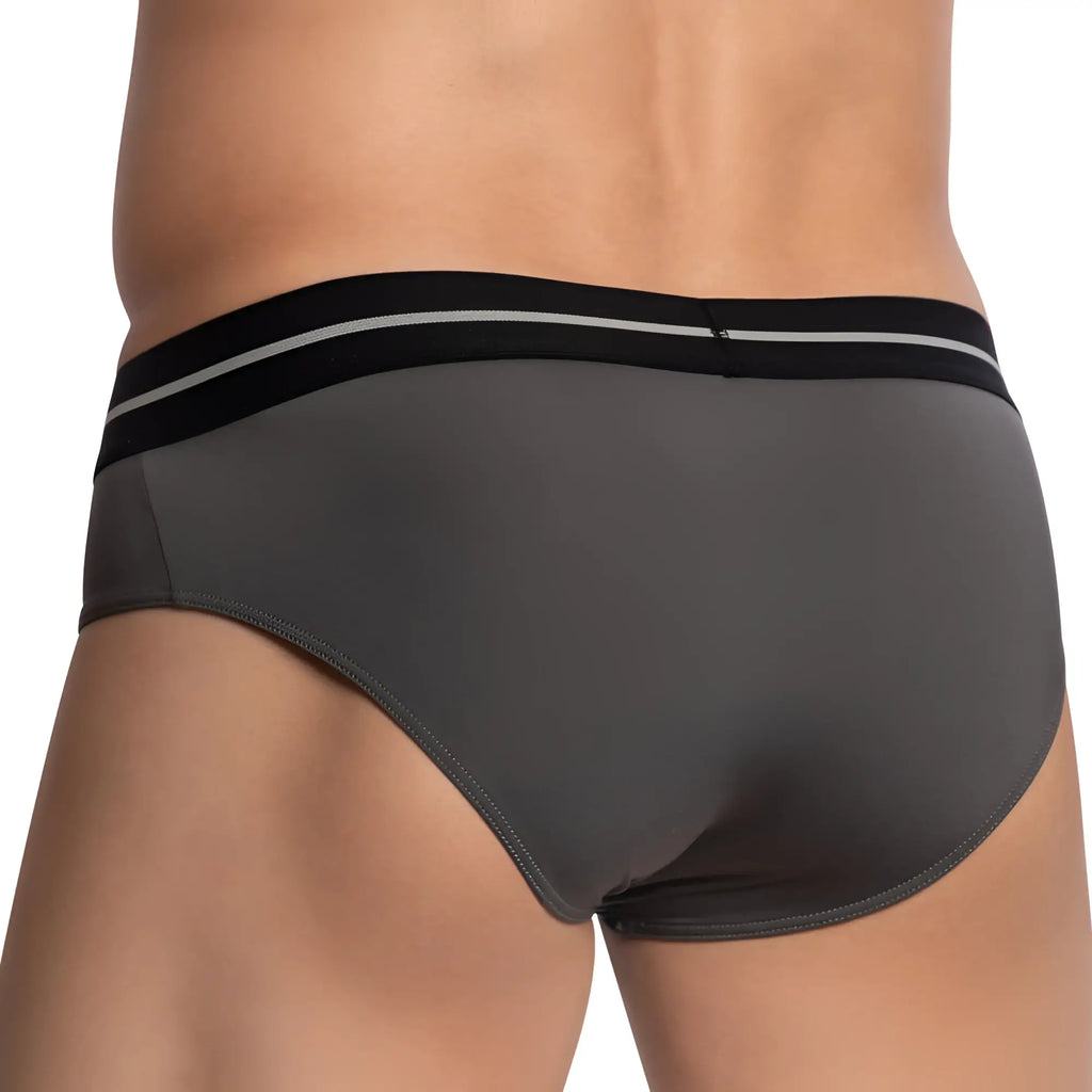 Feel fei021 bikini brief dark gray briefs with black waistband and two thin white stripes front view
