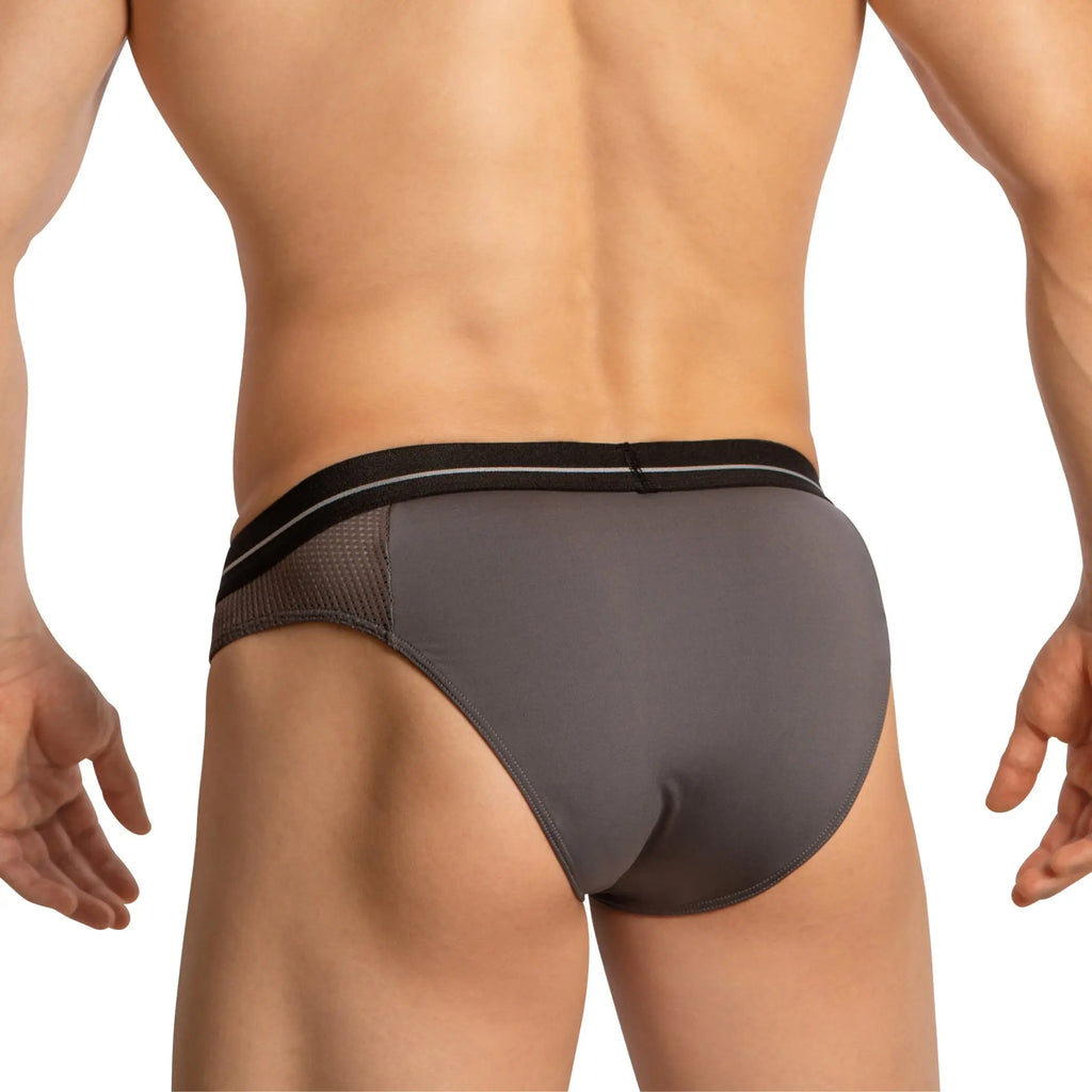 Gray feel fei023 bikini brief with black waistband white stripes and mesh side detailing for athletic wear