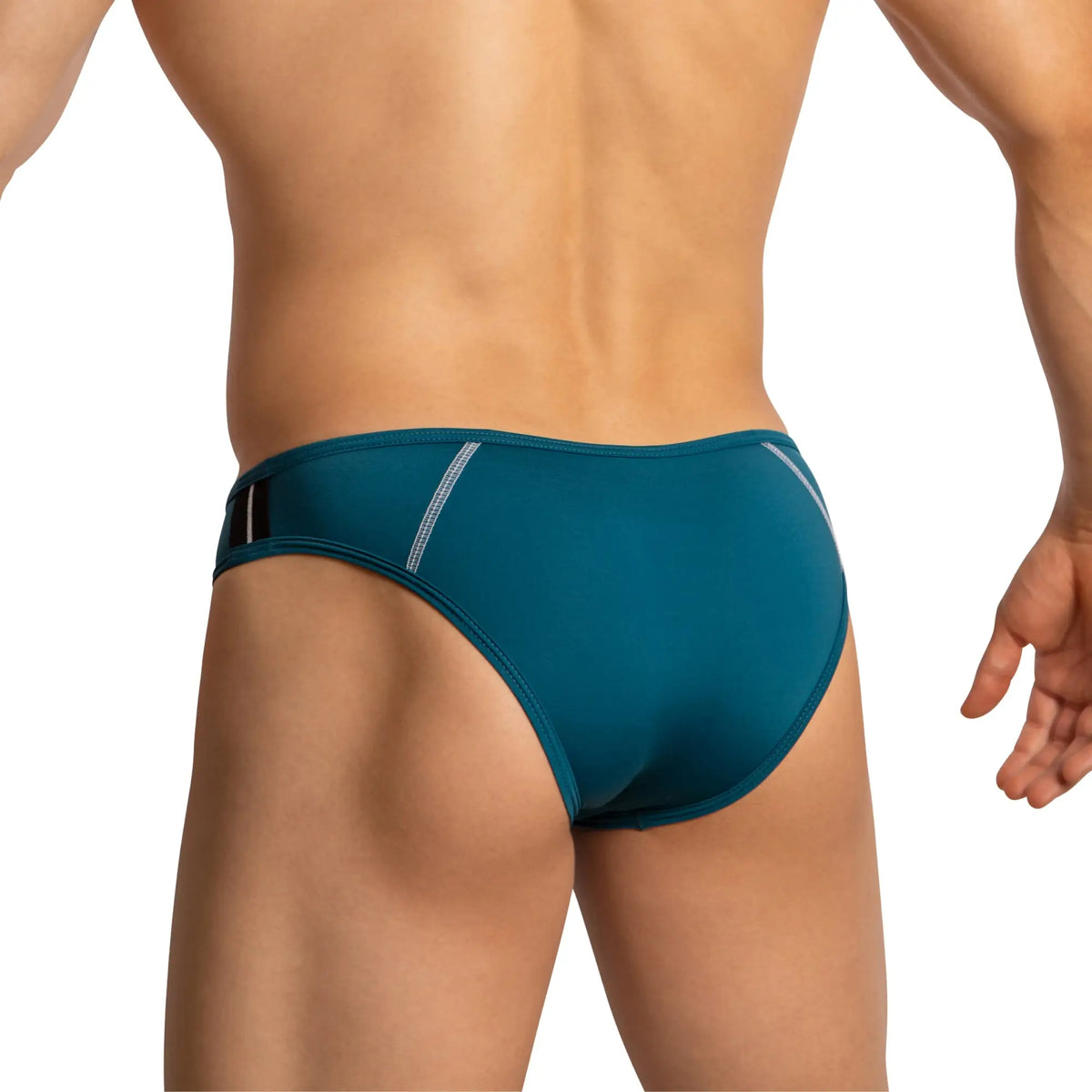 Feel fei024 bikini brief teal swim trunks with white stitching and black elastic waistband front view