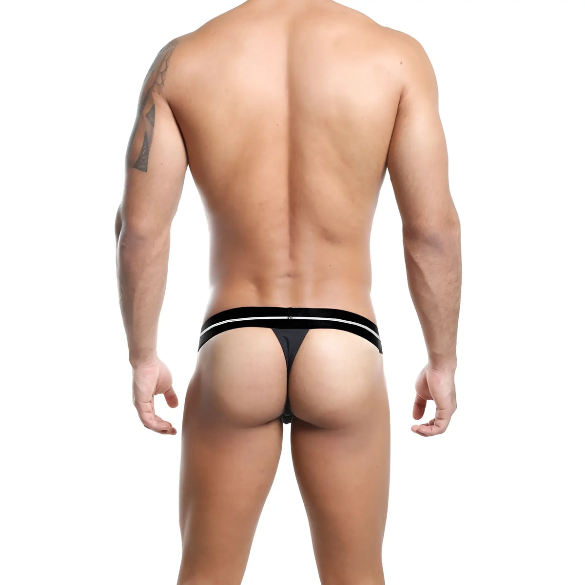 Feel fek002 slip thong black thong with two thin white stripes across the waistband showing the front side
