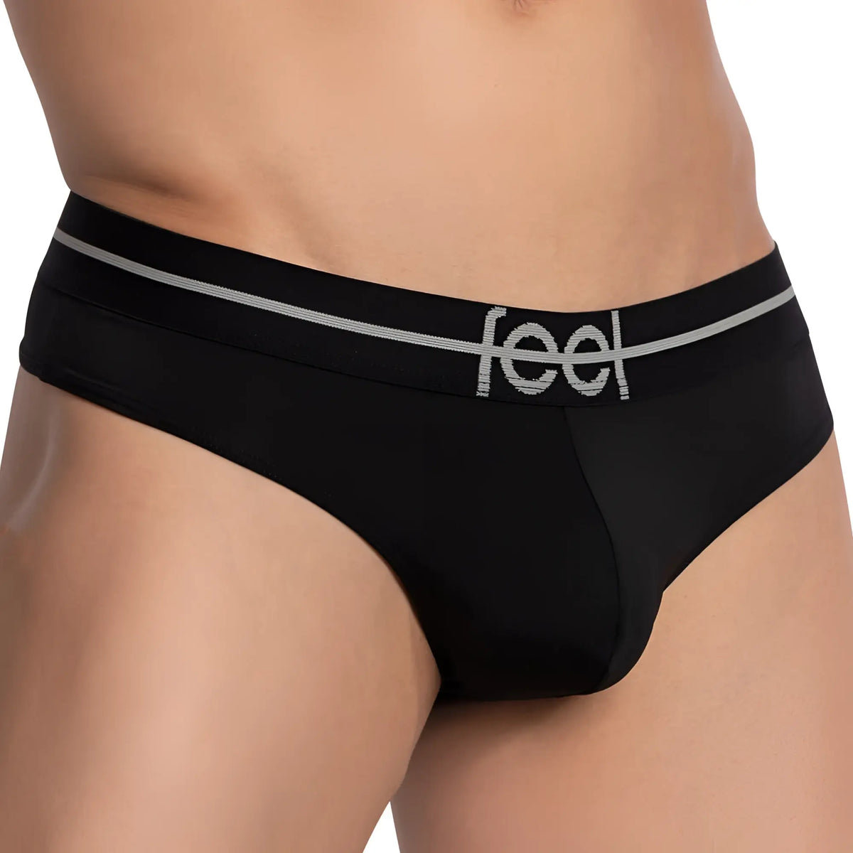 Feel FEK031 thong black briefs with gray elastic waistband and silver feel logo for comfortable everyday wear