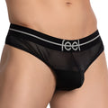 Black mesh thong briefs with gray-striped waistband featuring feel logo from feel fek032 collection