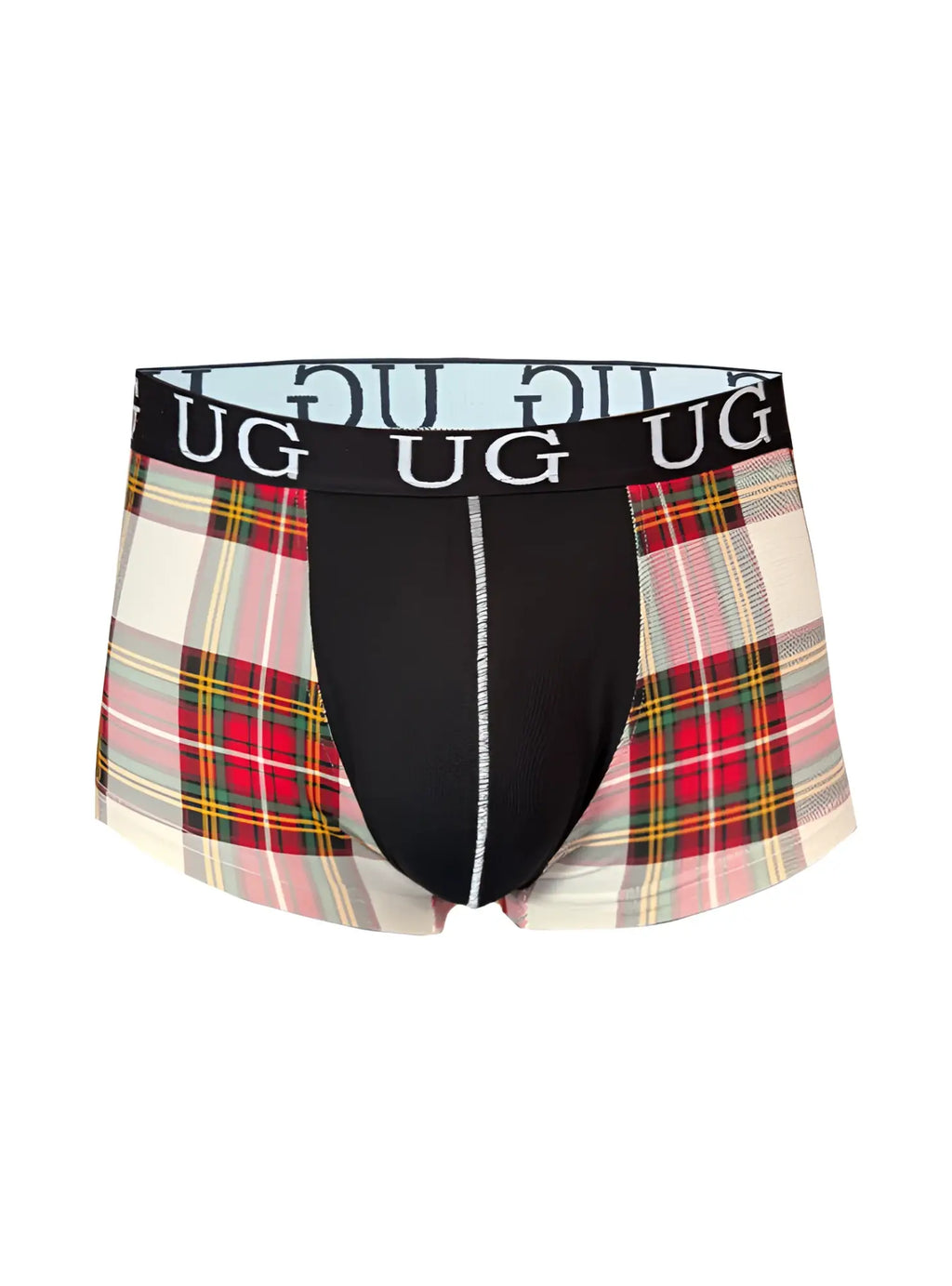 Festive comfort menâ€™s cotton trunk boxer briefs in black and plaid pattern with branded waistband