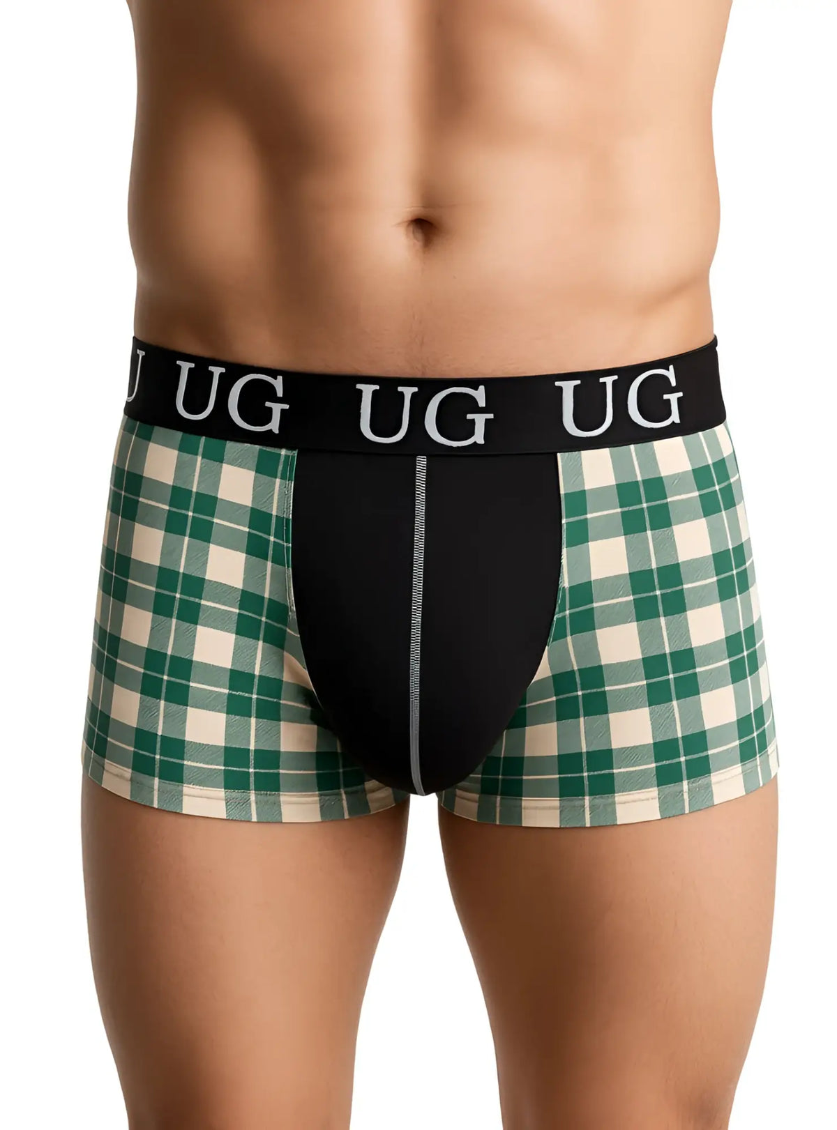 Festive comfort menâ€™s cotton trunk in green and cream plaid with black panel and ug logo waistband