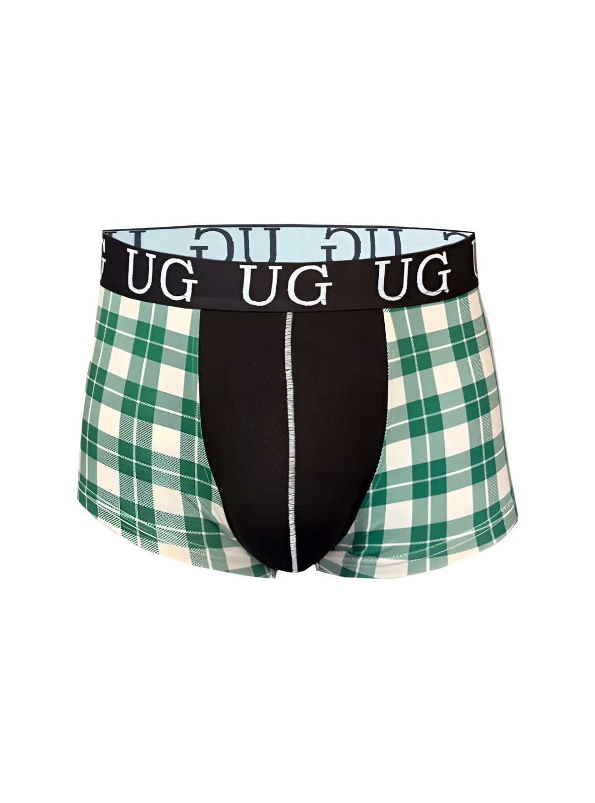 Festive comfort menâ€™s cotton trunk boxer briefs in green and white plaid with black panel and ug logo waistband