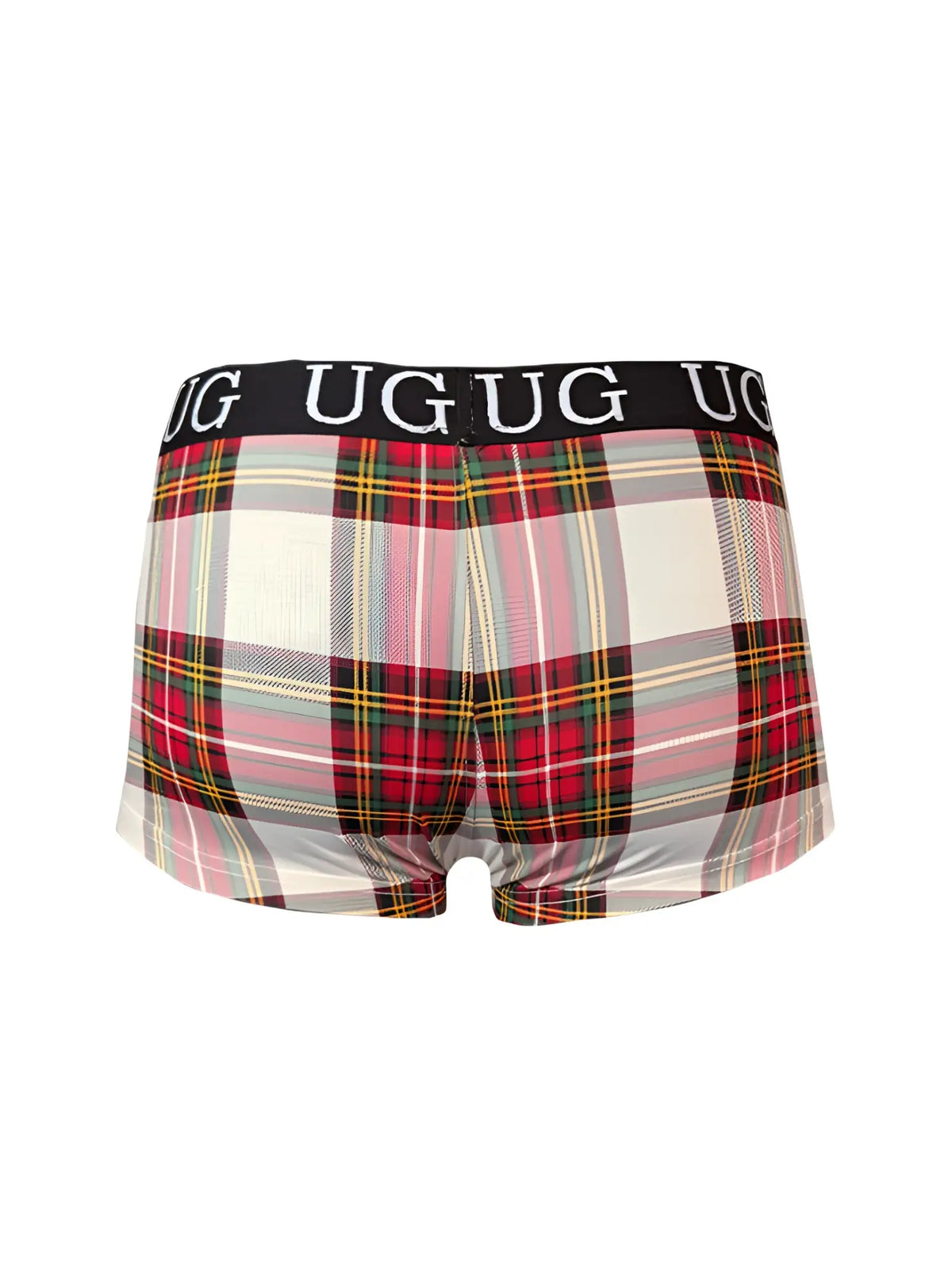 Festive comfort menâ€™s cotton trunk underwear with plaid pattern in red pink and green stripes on white base
