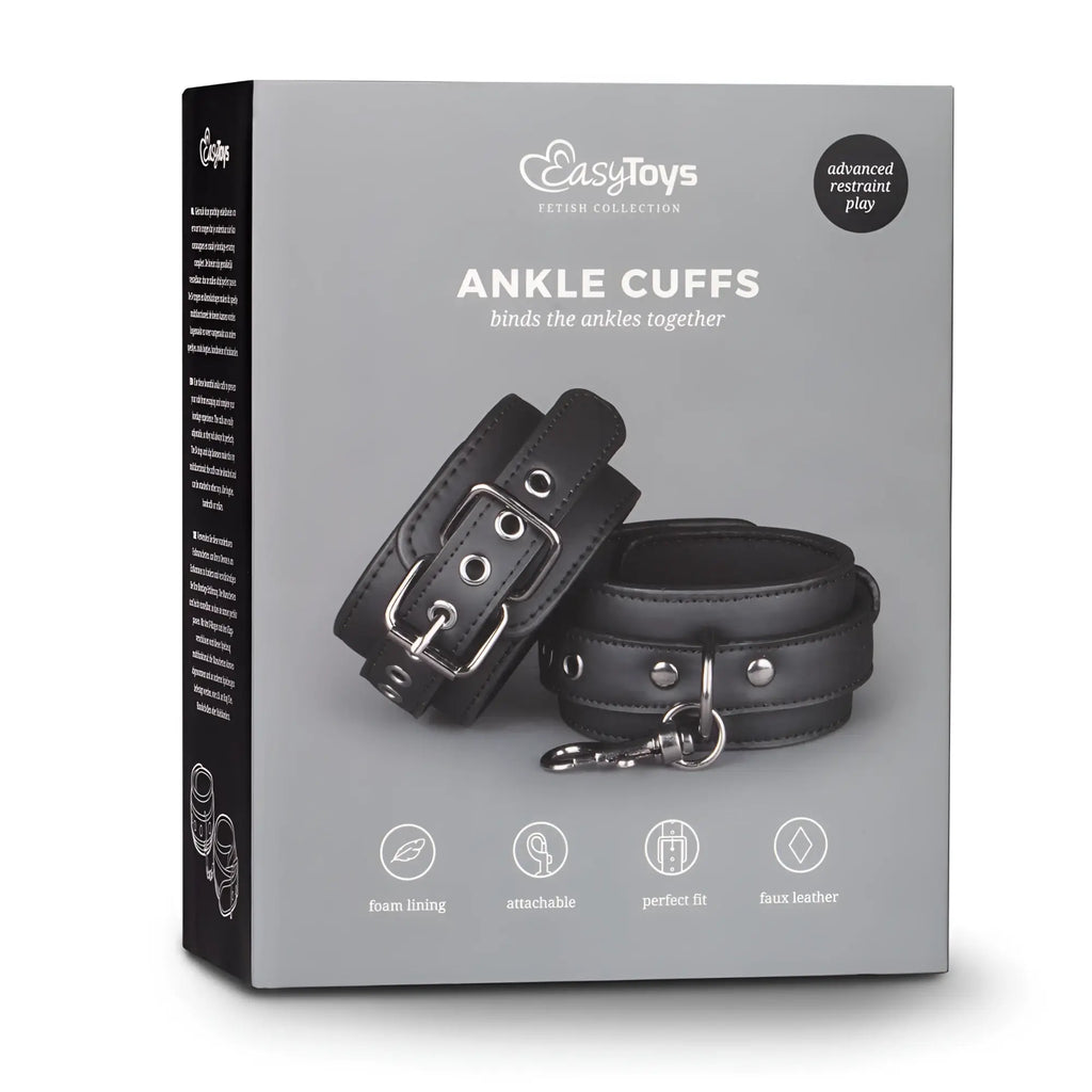 Black faux leather ankle cuffs from the fetish collection with silver metal buckles and keychain attachment