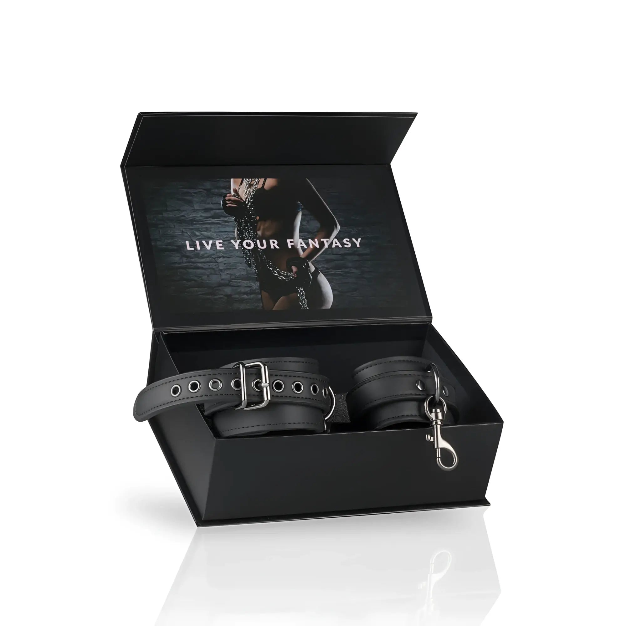 Black leather fetish collection ankle cuffs with silver metal hardware and matching leash for bondage use