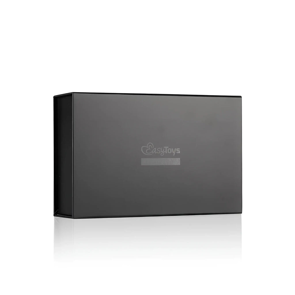 Black matte-finish rectangular box with subtle easytoys logo for fetish collection ankle cuffs black packaging
