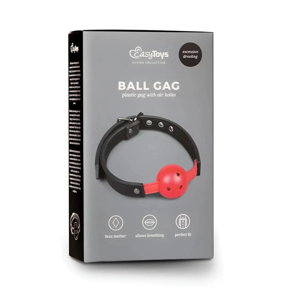 Red plastic ball gag with black faux leather collar and air holes from the fetish collection with pvc ball red