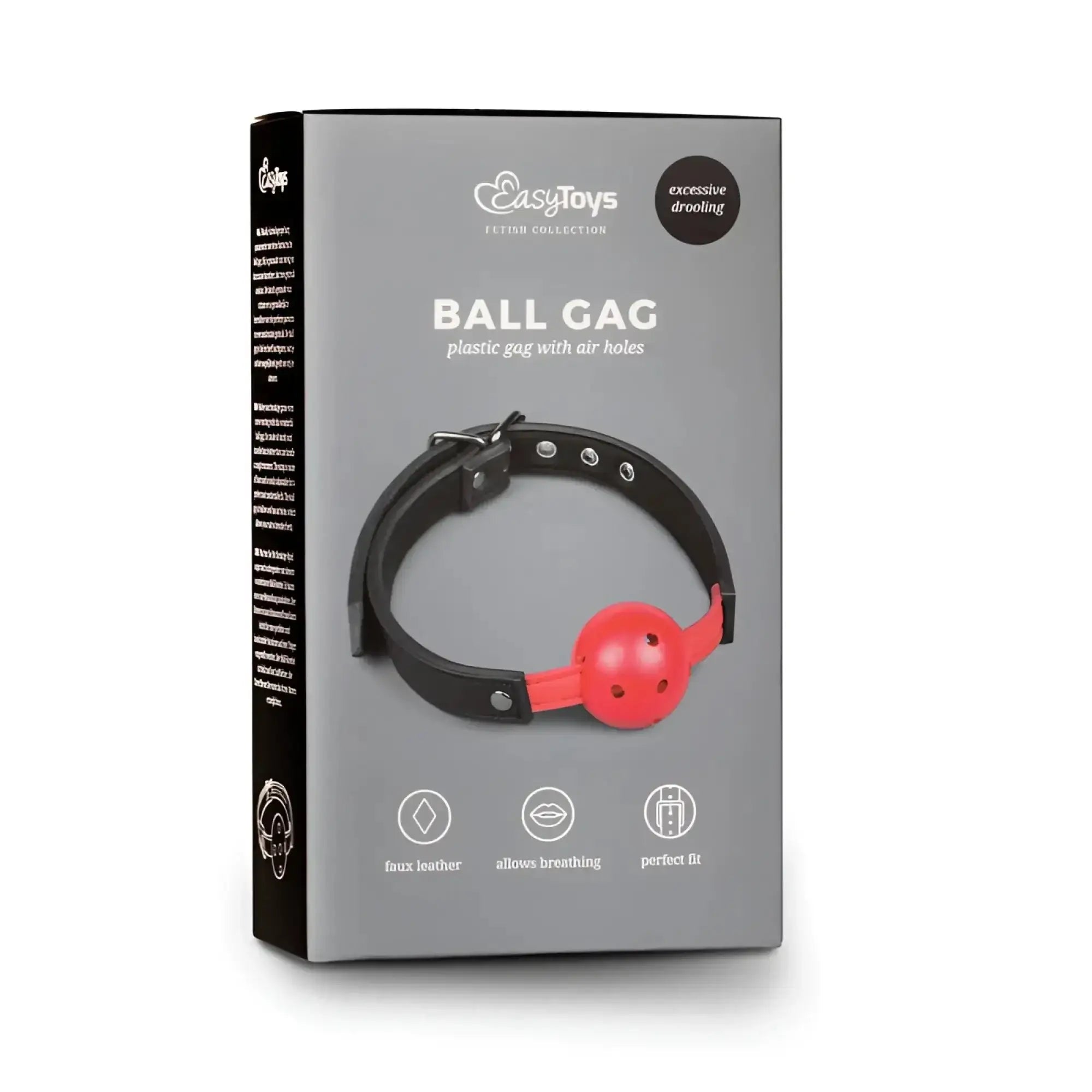 Red plastic ball gag with black faux leather collar and air holes from the fetish collection with pvc ball red