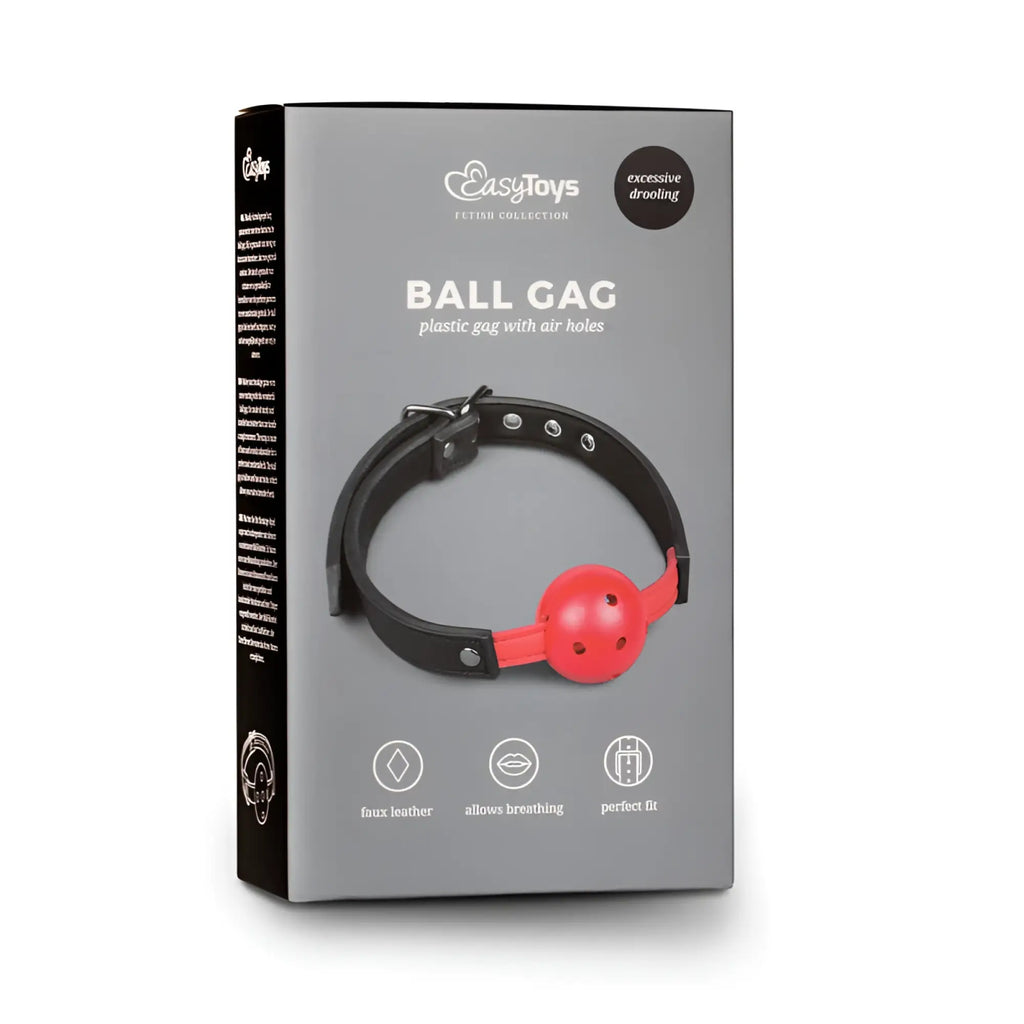 Red plastic ball gag with black faux leather collar and air holes from the fetish collection with pvc ball red
