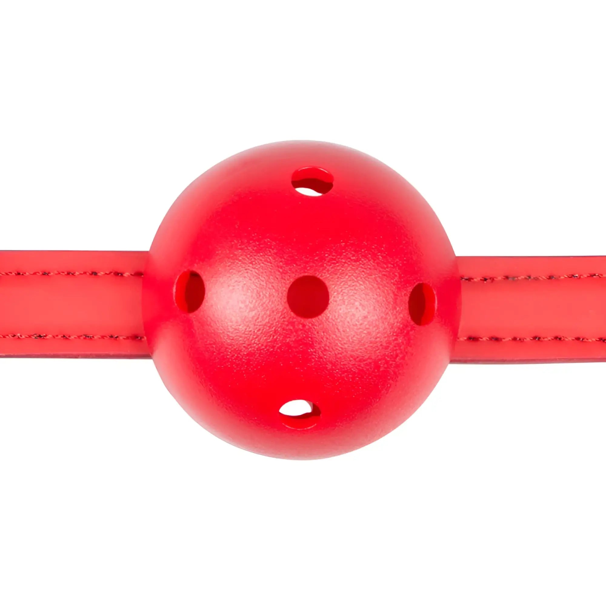 Red silicone ball gag with four holes and stitched red leather strap from fetish collection pvc ball gag red