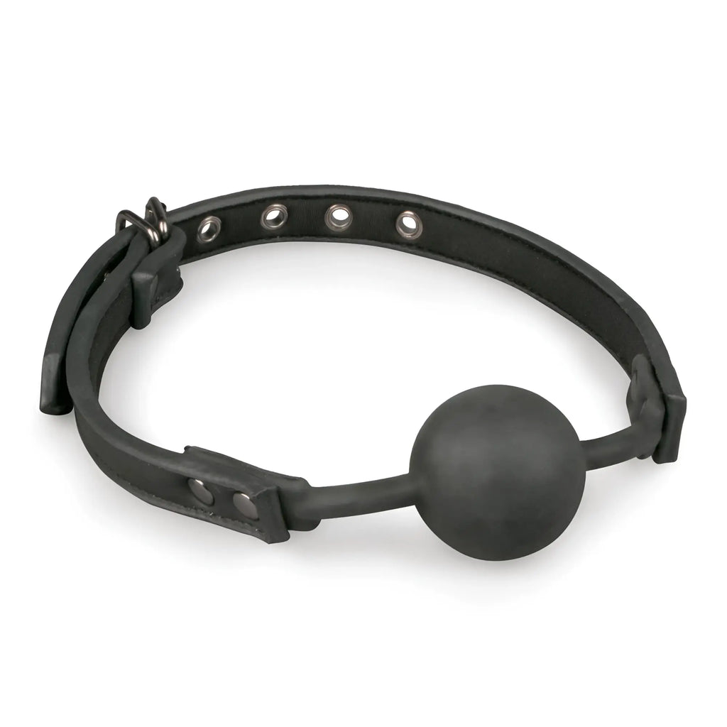 Black leather ball gag with a matte silicone spherical ball from the Fetish Collection for restraint play