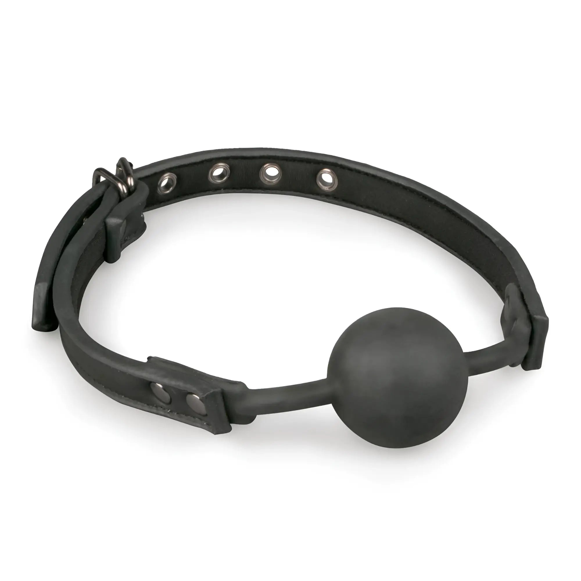 Black leather ball gag with a matte silicone spherical ball from the Fetish Collection for restraint play