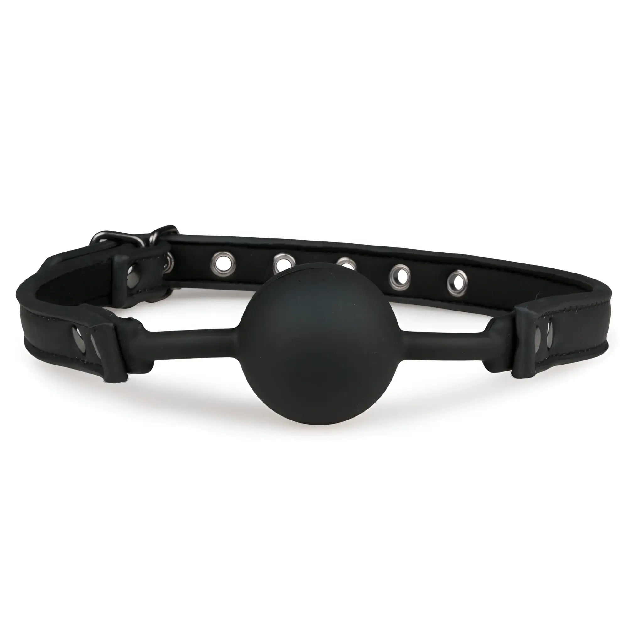 Black silicone ball gag with adjustable leather strap and metal hardware from fetish collection