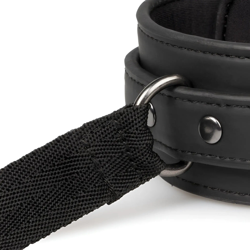 Black leather collar with metal ring and adjustable webbing strap from fetish collection beginners bondage fantasy kit