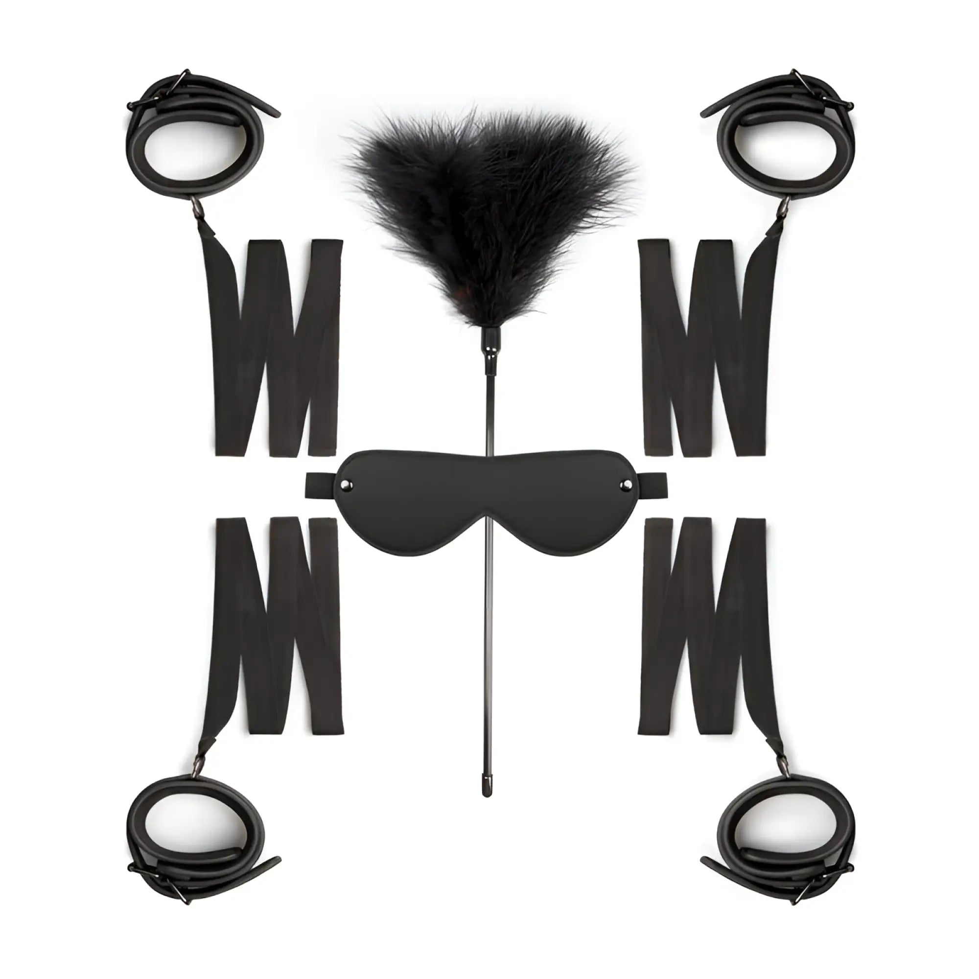 Black leather bondage kit featuring feather duster and blindfold from the fetish collection beginners bondage fantasy kit