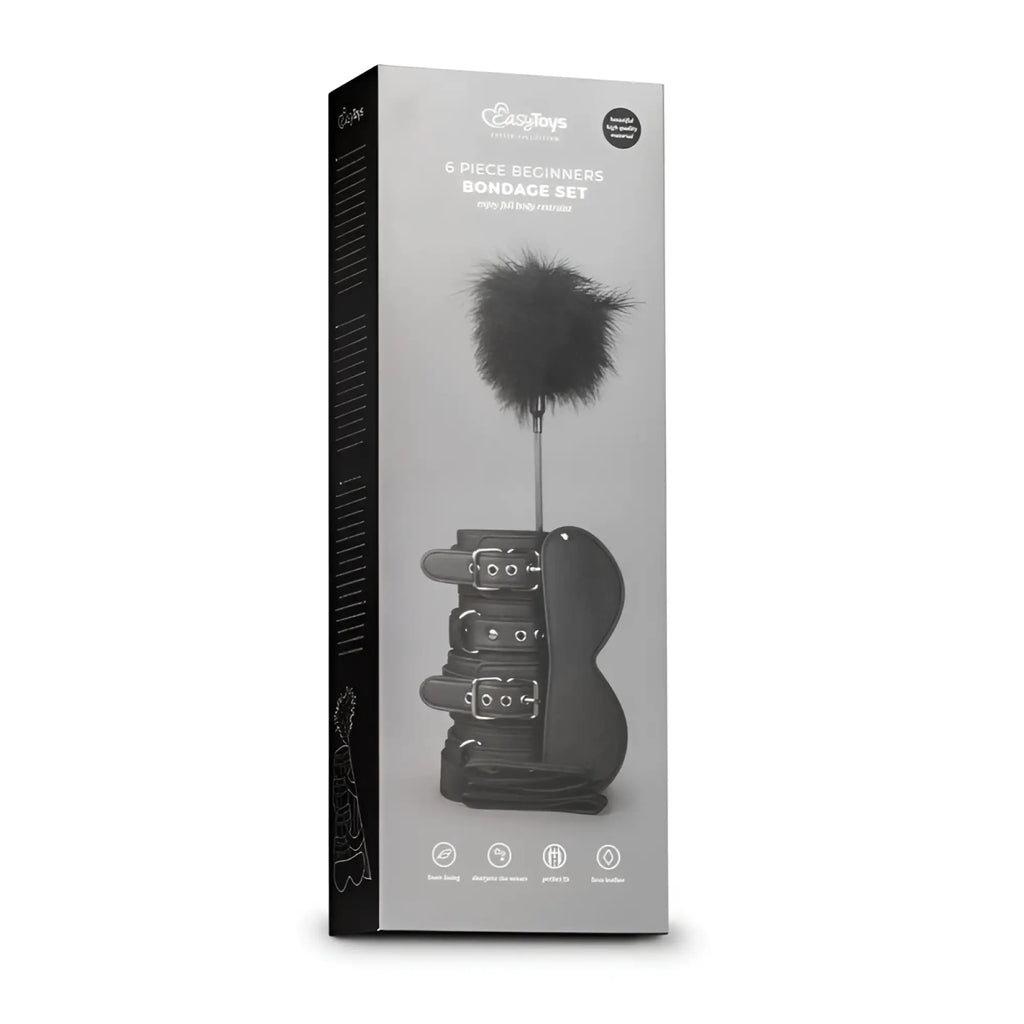 Black leather 6 piece beginners bondage set with feather duster by easytoys in sleek fetish collection box