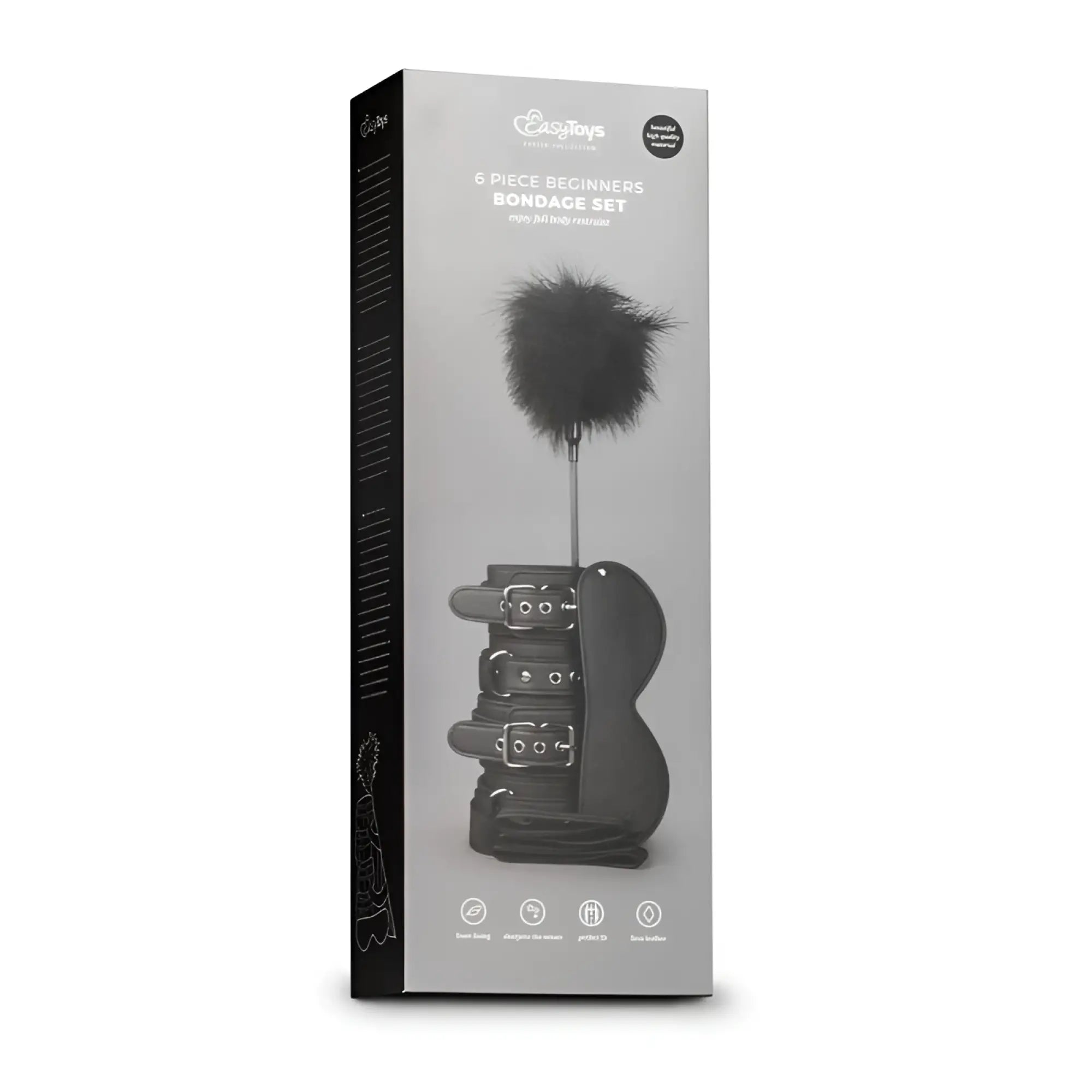 Black leather 6 piece beginners bondage set with feather duster by easytoys in sleek fetish collection box