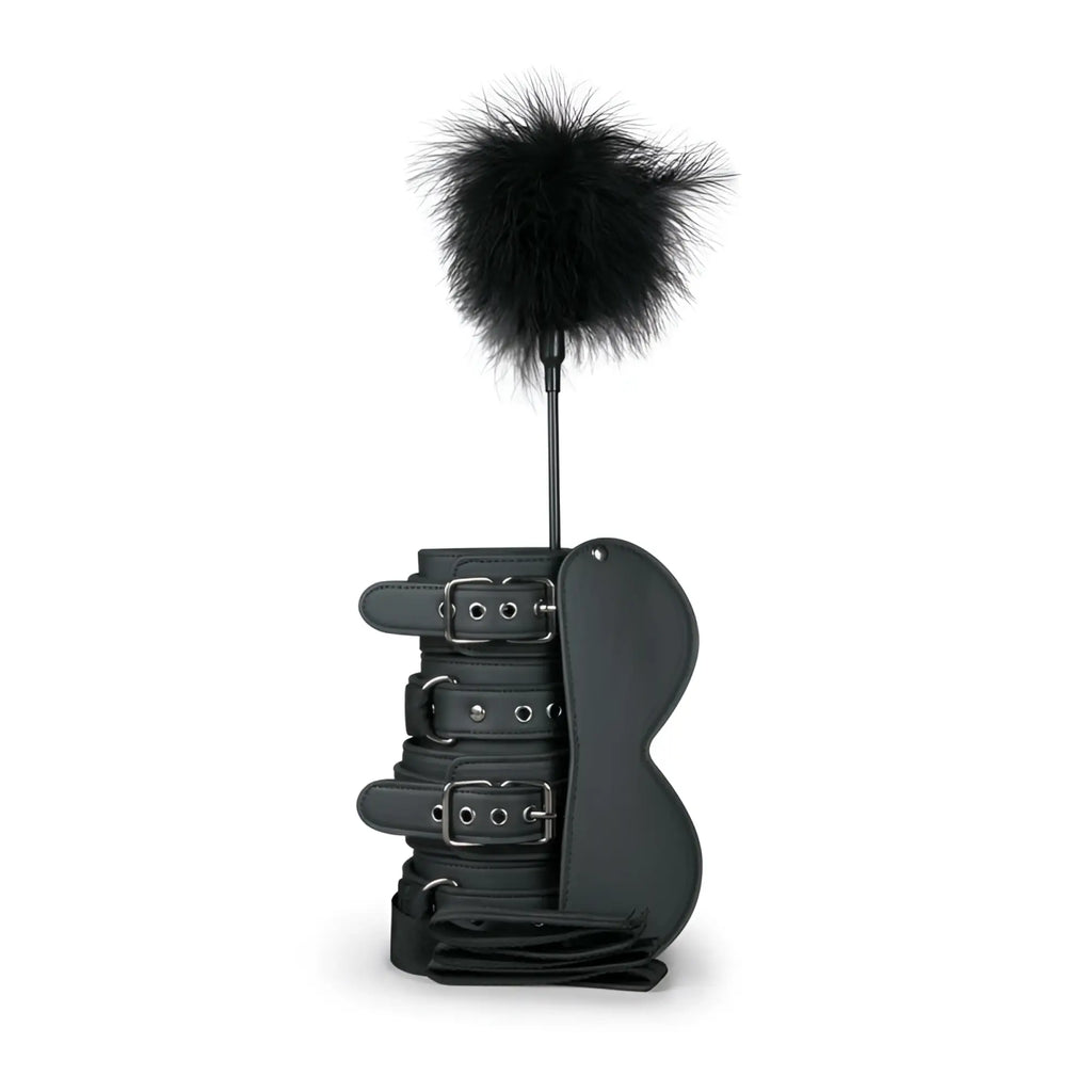 Black leather bondage kit with three adjustable straps, padded winged glove, and feather duster for beginners fetish play