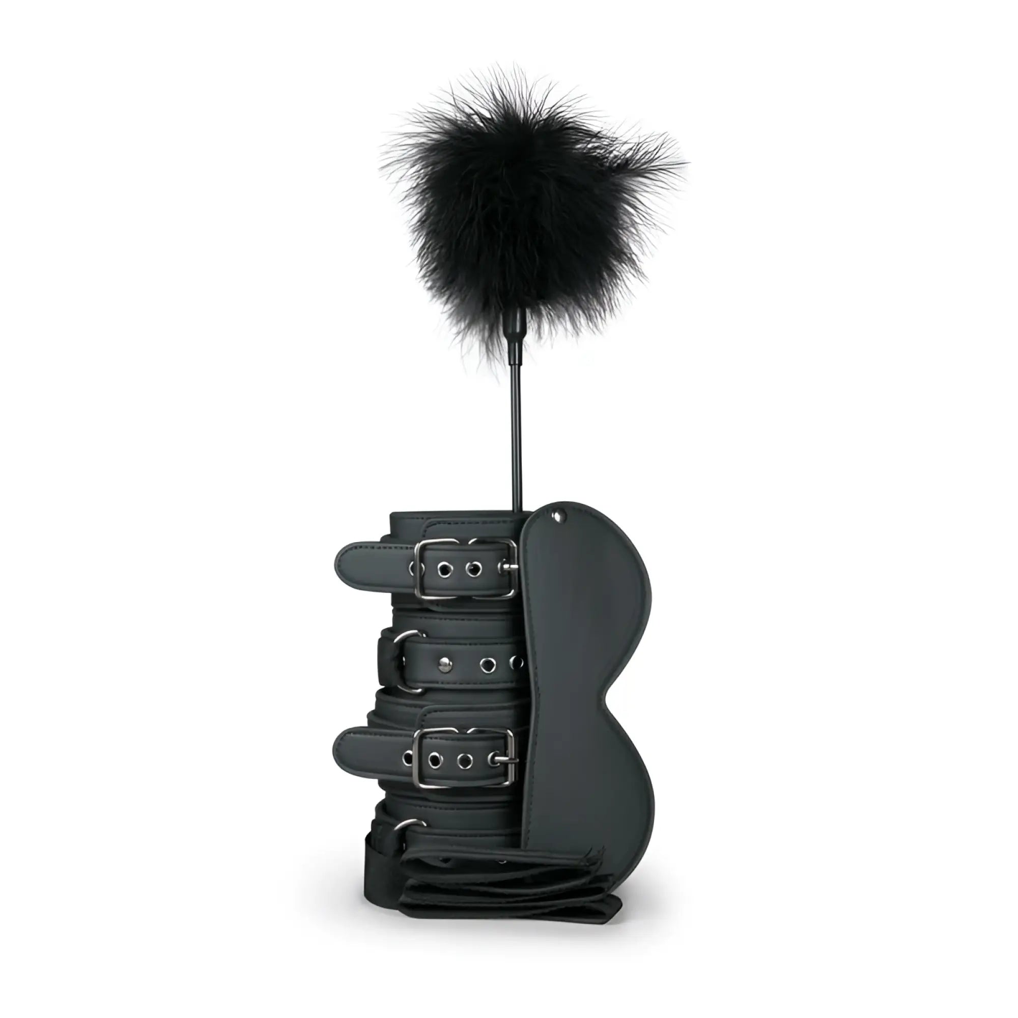 Black leather bondage kit with three adjustable straps, padded winged glove, and feather duster for beginners fetish play