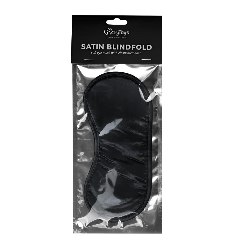 Black satin eye mask with elasticated band packaged in clear plastic sleeve from fetish collection