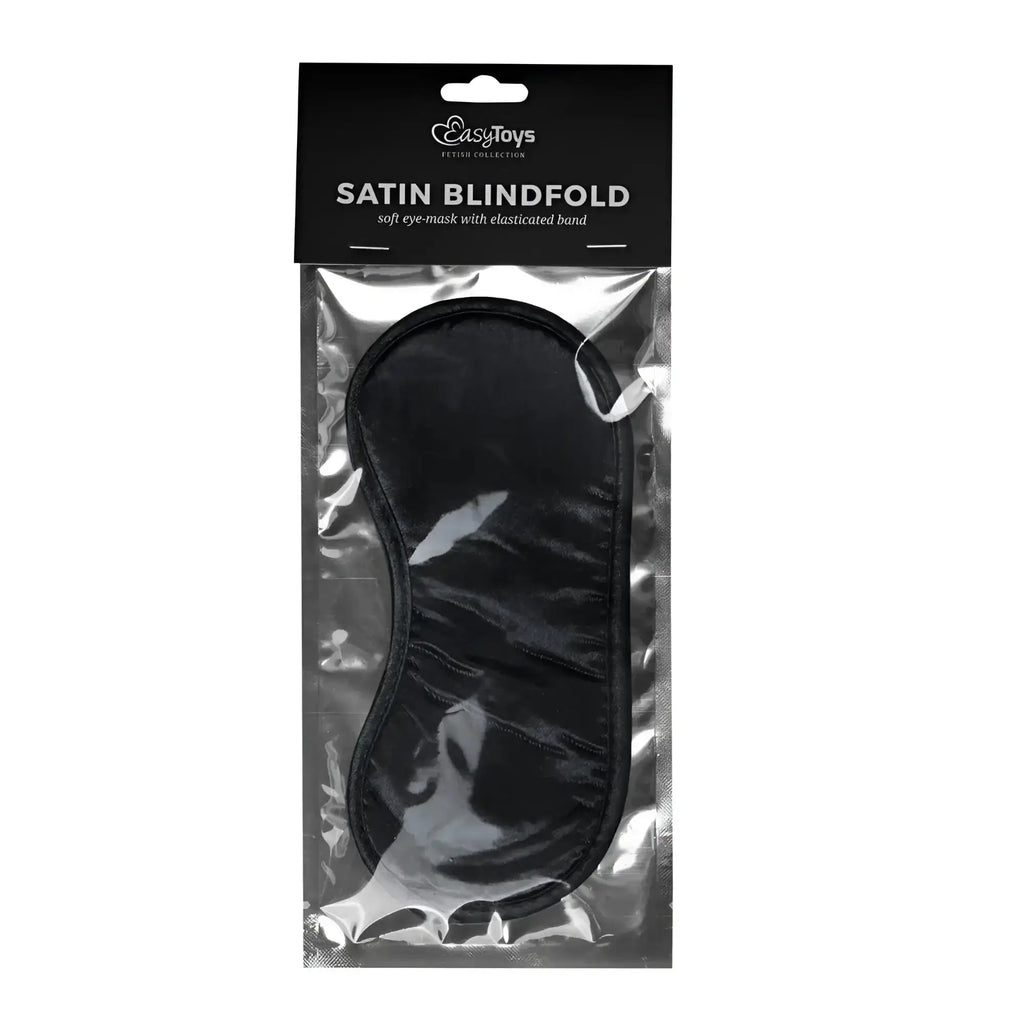 Black satin eye mask with elasticated band packaged in clear plastic sleeve from fetish collection