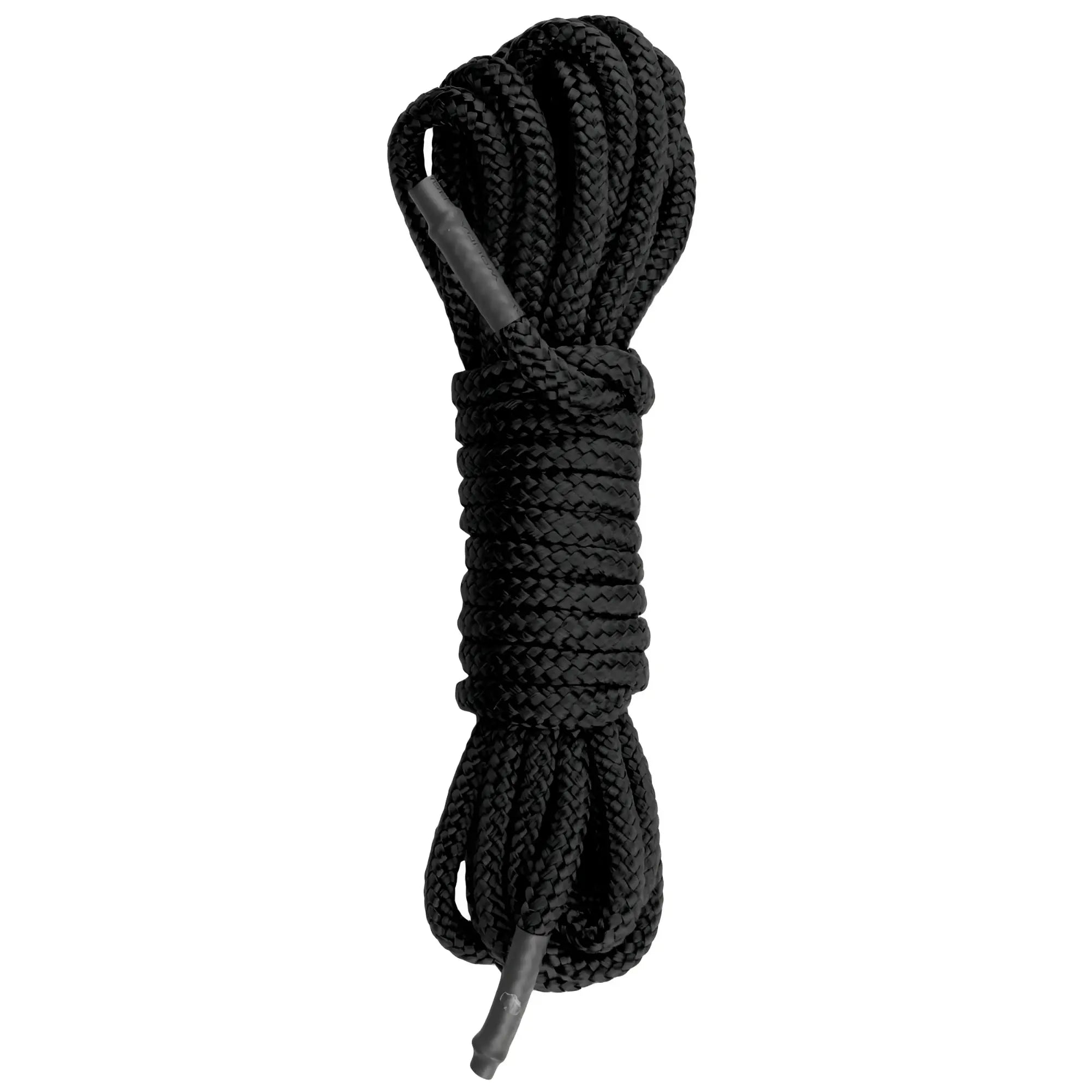 Black braided bondage rope 10m with reinforced ends coiled neatly from the Fetish Collection for secure restraint