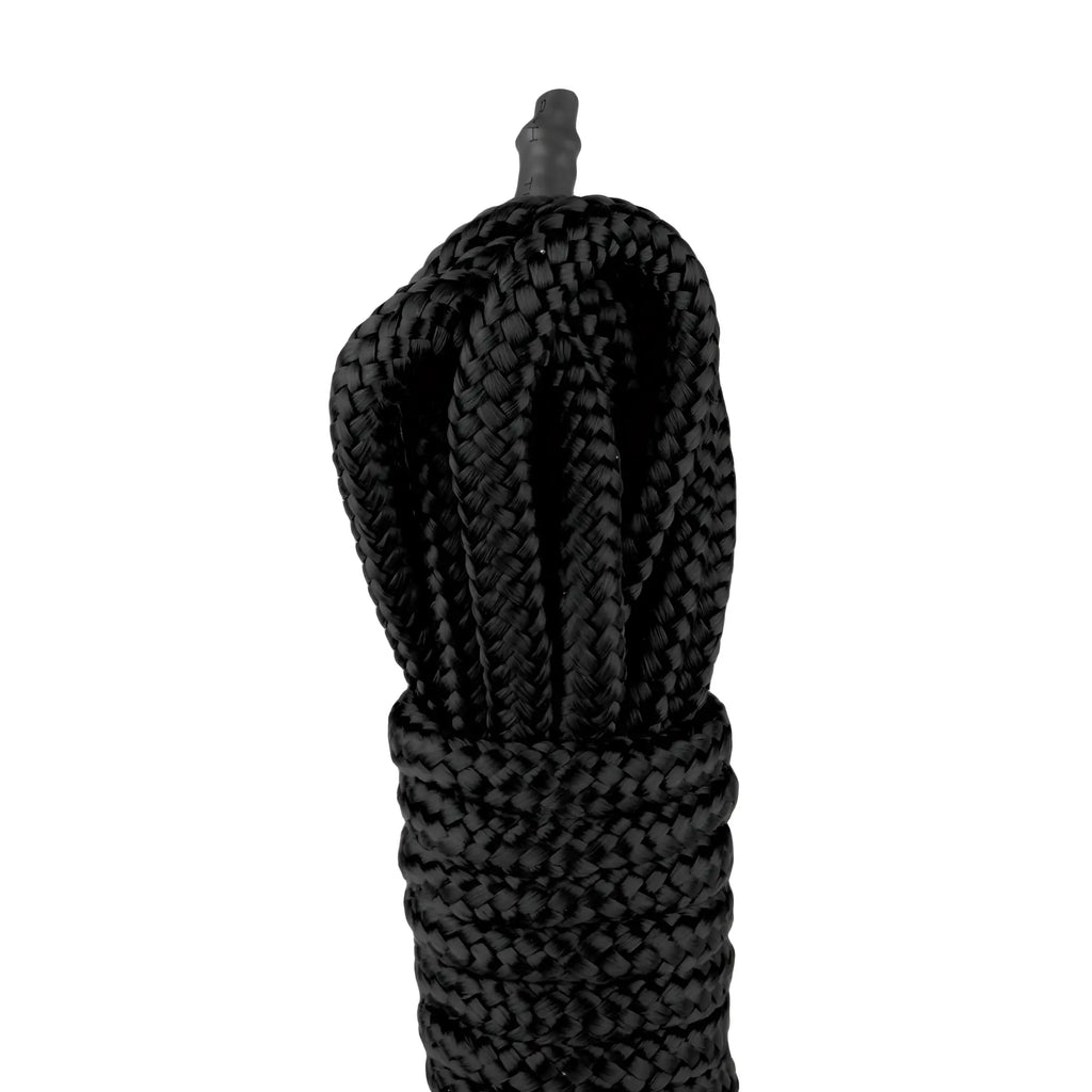 Black braided bondage rope 10m with tightly woven texture and dark metal aglet from fetish collection
